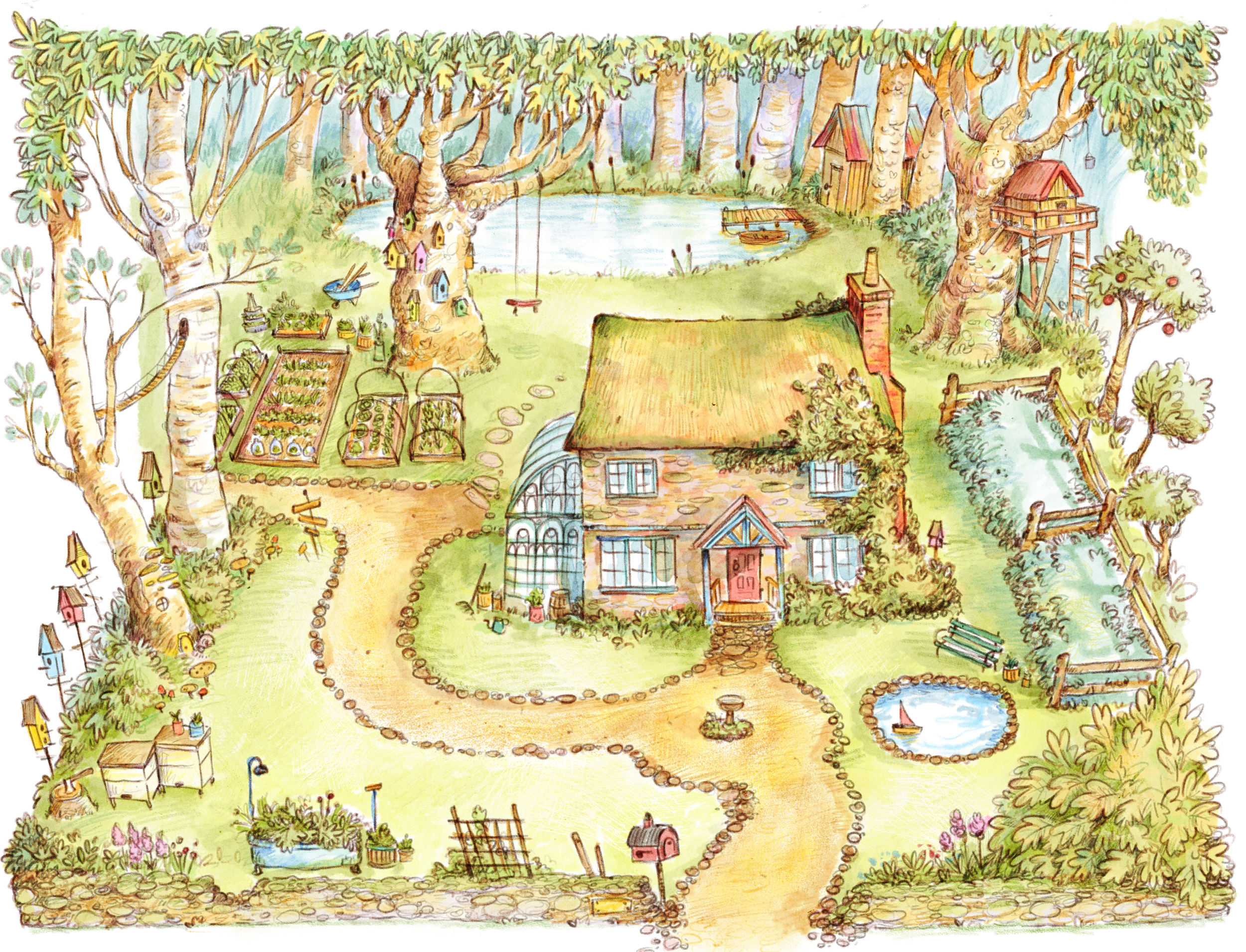 Colorful, detailed illustration of a backyard garden with a pond, trees, a house with a thatched roof, a play area, flower beds, a small waterfall, and garden furniture, creating a cozy, nature-filled outdoor space.