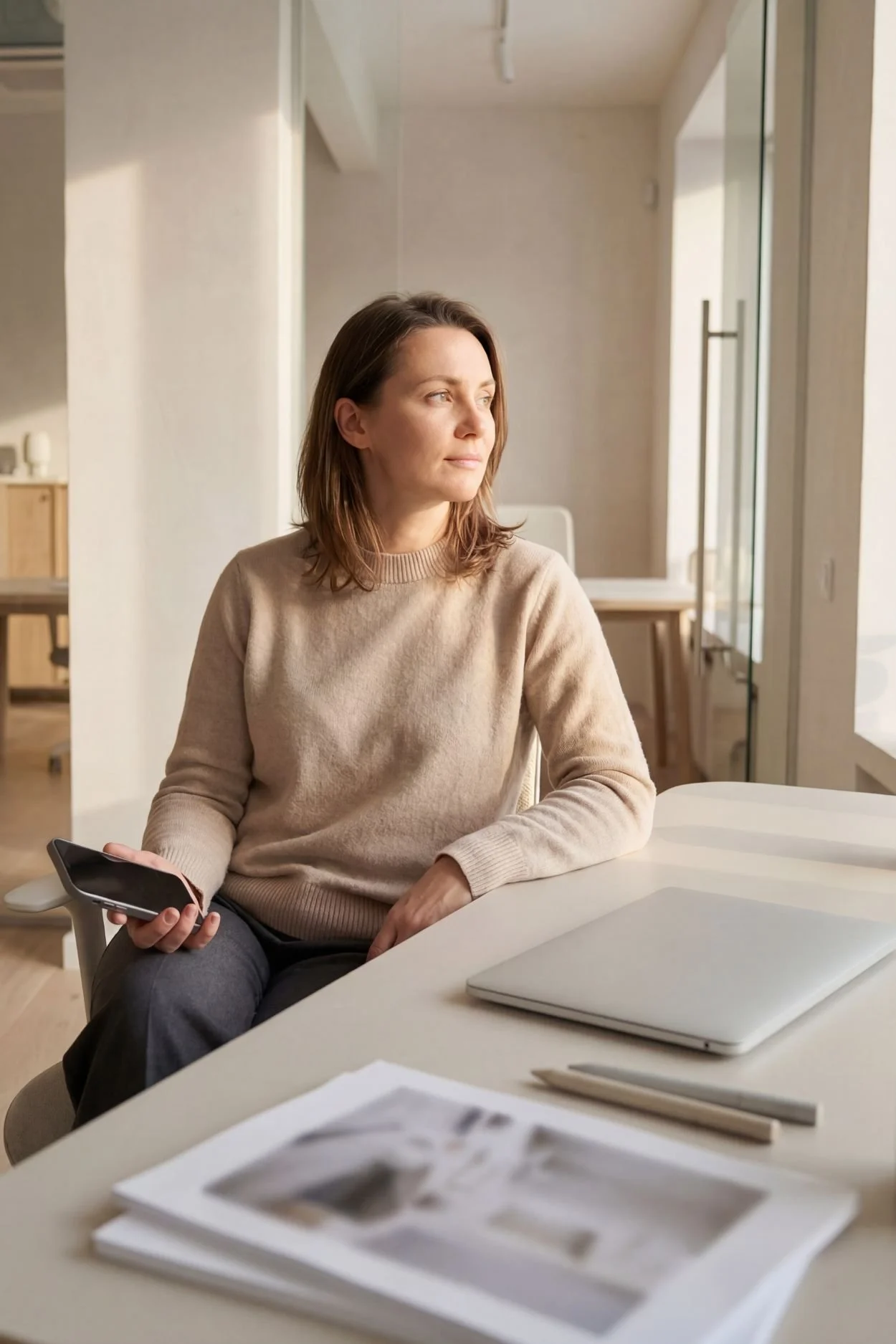 A woman with shoulder-length brown hair, wearing a beige sweater, sitting at a white table in a bright room.