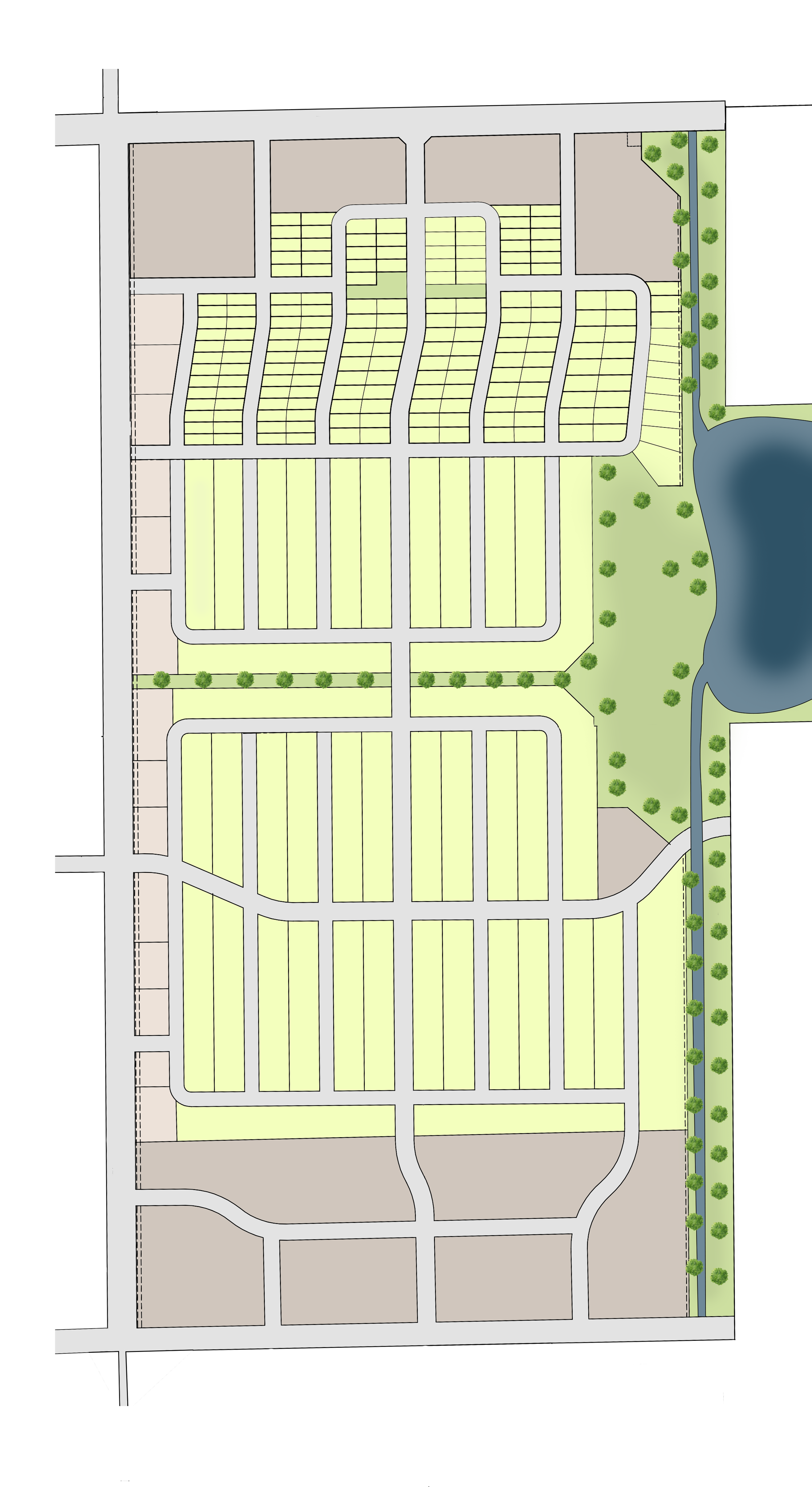 A detailed map of a planned residential community with streets, lots, green spaces, and a pond.