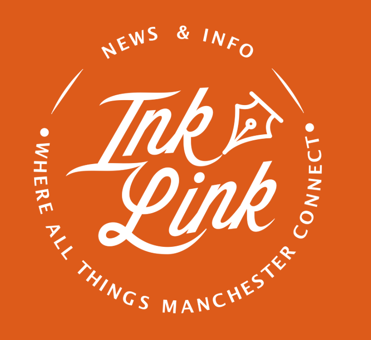 Logo for 'Inklink', a news and info platform, with slogan 'Where all things Manchester connect', on an orange background.