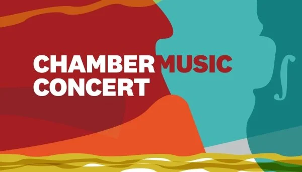 Graphic advertisement for a chamber music concert with colorful abstract shapes and silhouettes of faces.