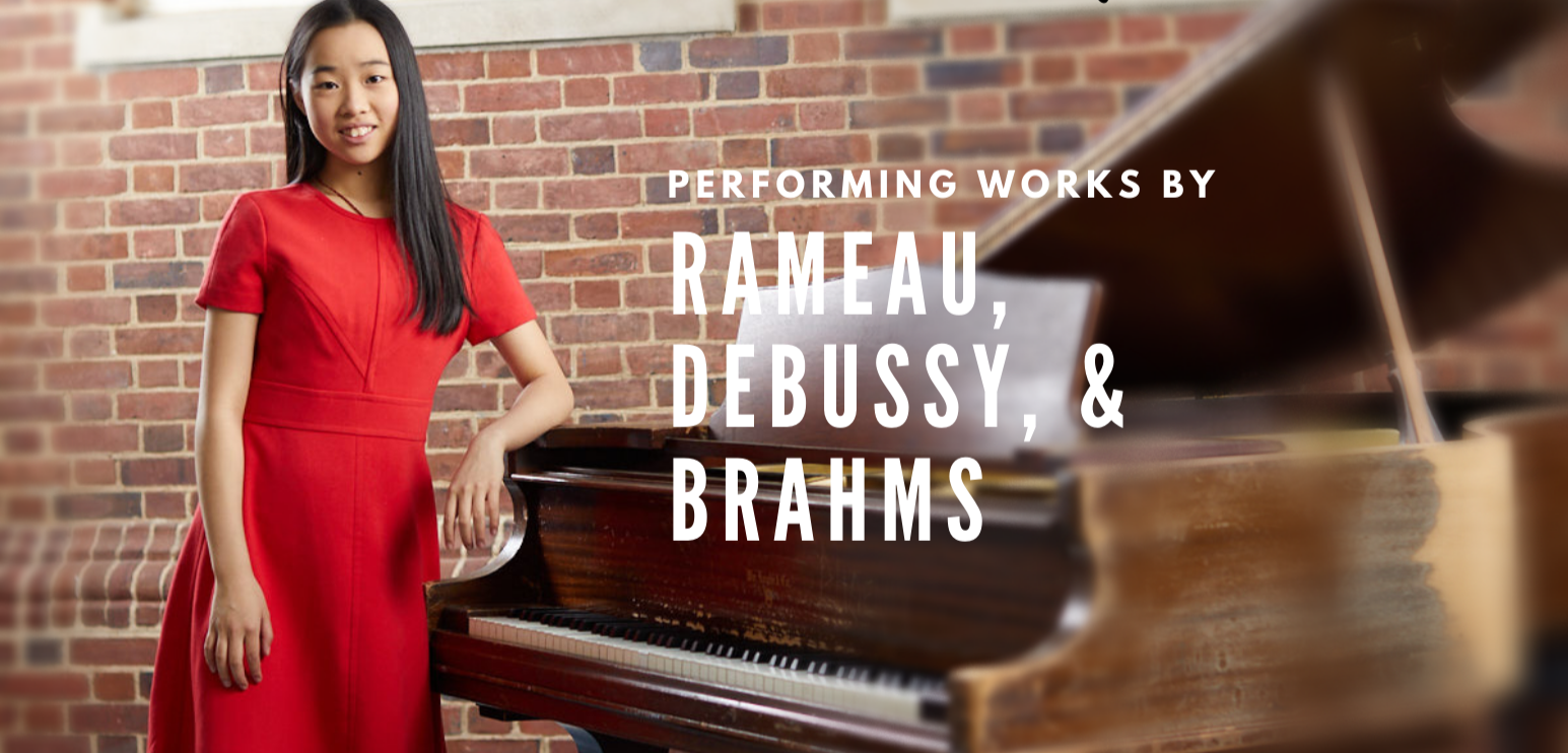 A young woman in a red dress standing beside a grand piano against a brick wall, with overlay text about performing works by Rameau, Debussy, and Brahms.
