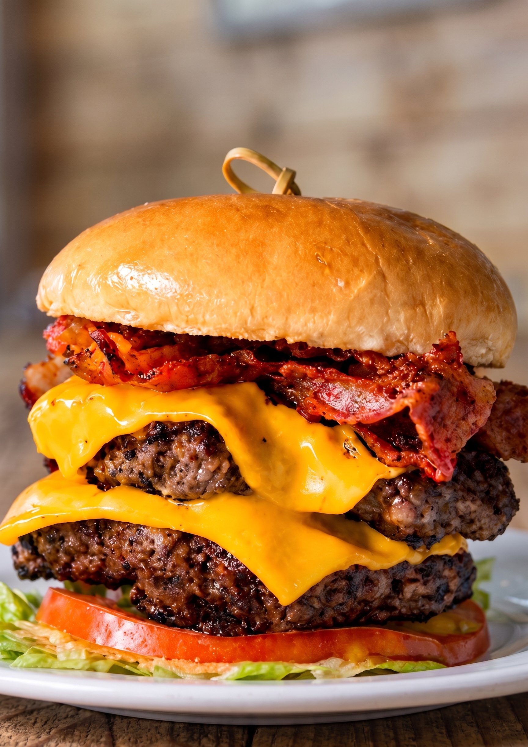 Close-up of a double cheeseburger with lettuce, tomato, onions, melted cheese, bacon, grilled beef patties, sandwich bun, and a toothpick on top.
