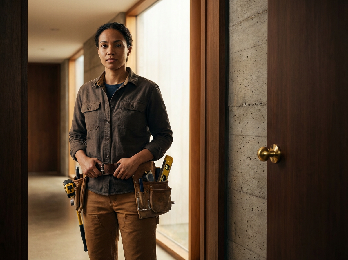 A woman standing in a hallway wearing a tool belt with various tools, including a level and screwdriver, ready for work.
