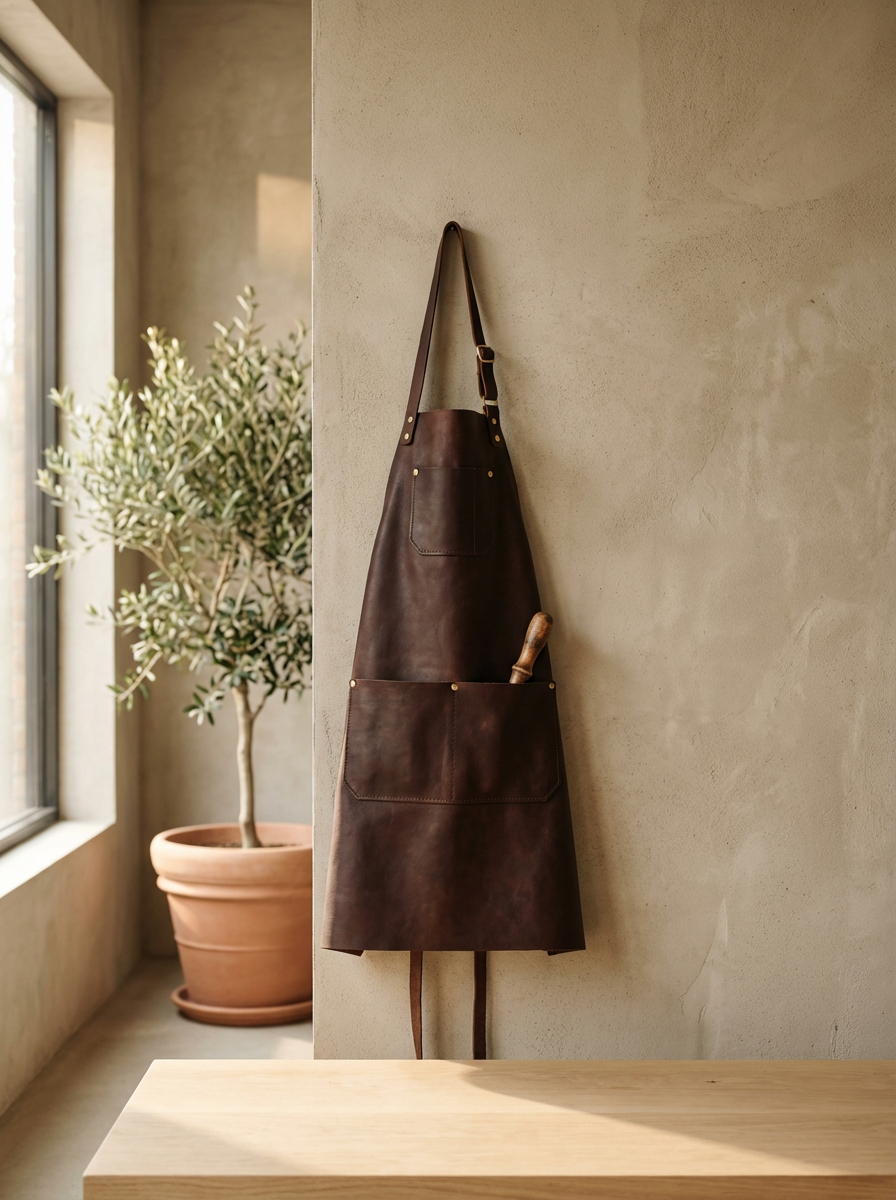 Leather apron hanging on a wall, with a plant in a pot near a window in the background.