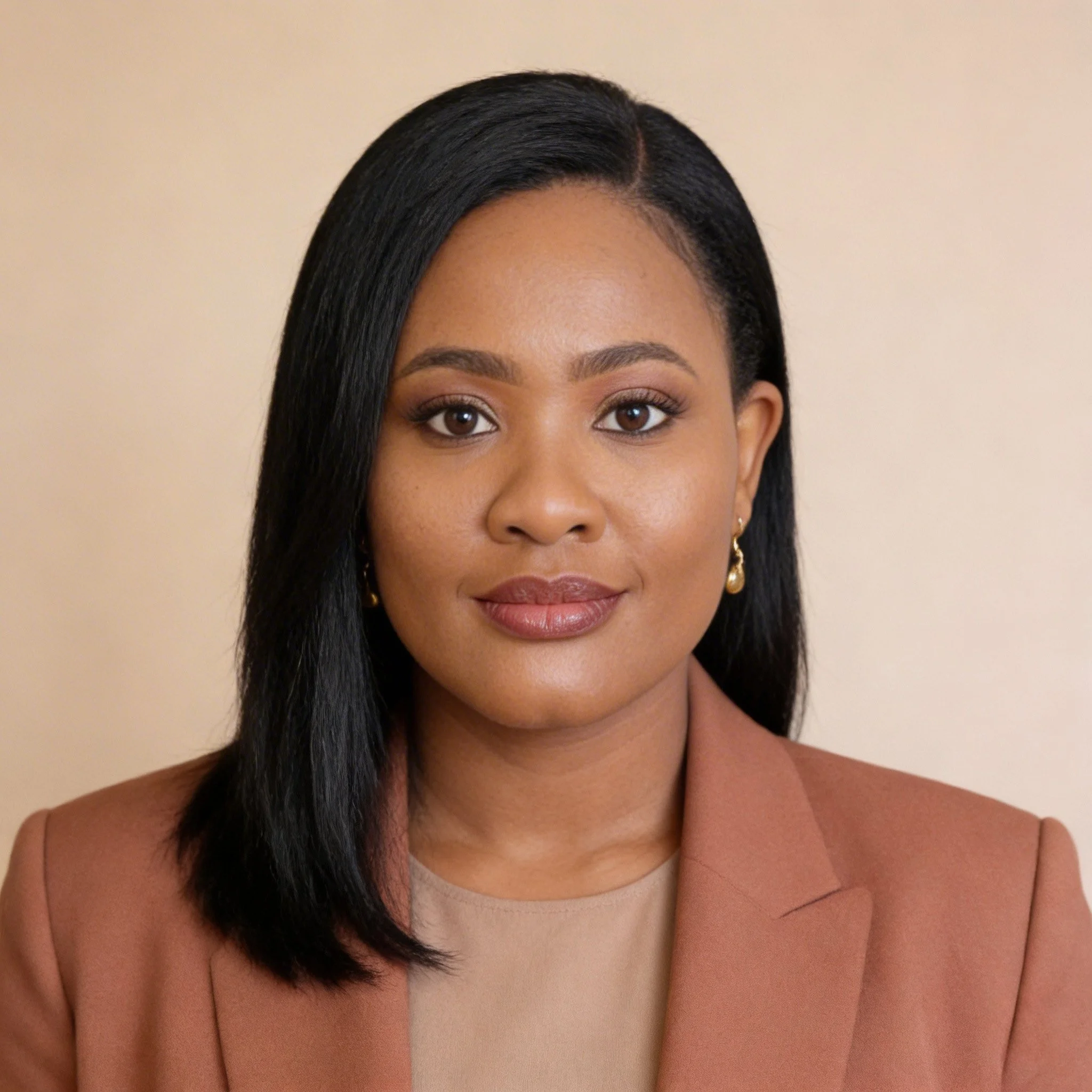 Close-up of Chioma Aladi, a woman with smooth, dark hair styled neatly, wearing gold earrings, with a soft makeup look, dressed in a light pink blazer over a beige top, standing against a plain beige background.