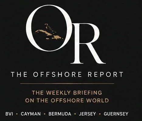 Logo for 'The Offshore Report' with the text 'The Weekly Briefing on the Offshore World' and a list of locations: BVI, Cayman, Bermuda, Jersey, Guernsey.