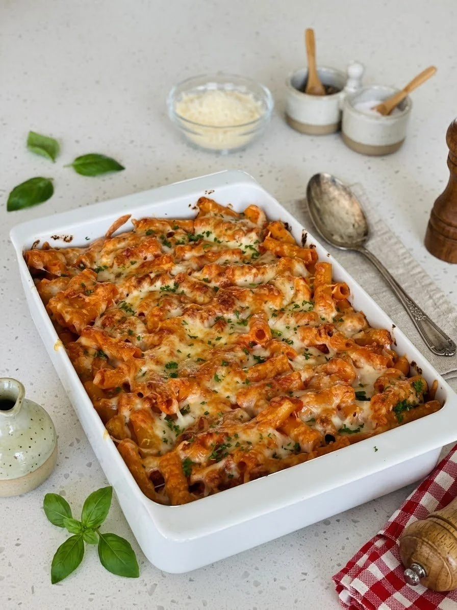 Baked pasta casserole with melted cheese, garnished with chopped herbs, on a white serving dish, with kitchen utensils, herbs, spices, and grated cheese surrounding it.