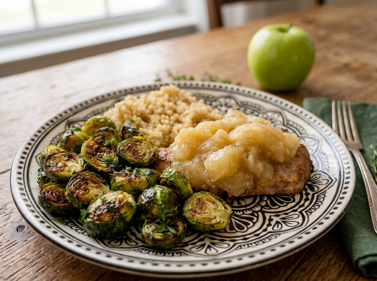 Plate of roasted Brussels sprouts, mashed potatoes with gravy, and grilled chicken with applesauce, on a wooden table with a green apple in the background.