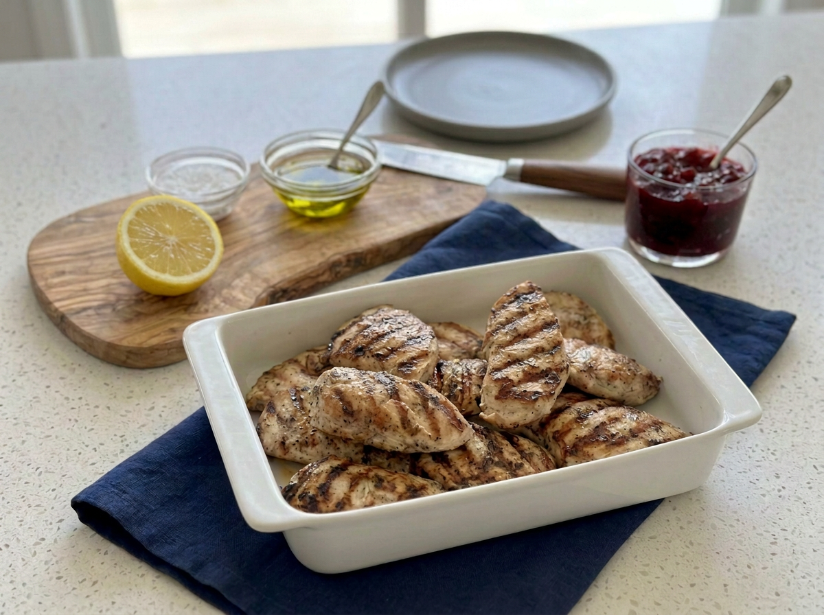 Grilled chicken breasts in a white dish on a navy blue cloth, with lemon, olive oil, a small bowl of salt, a jar of berry jam, and a plate on a kitchen countertop.