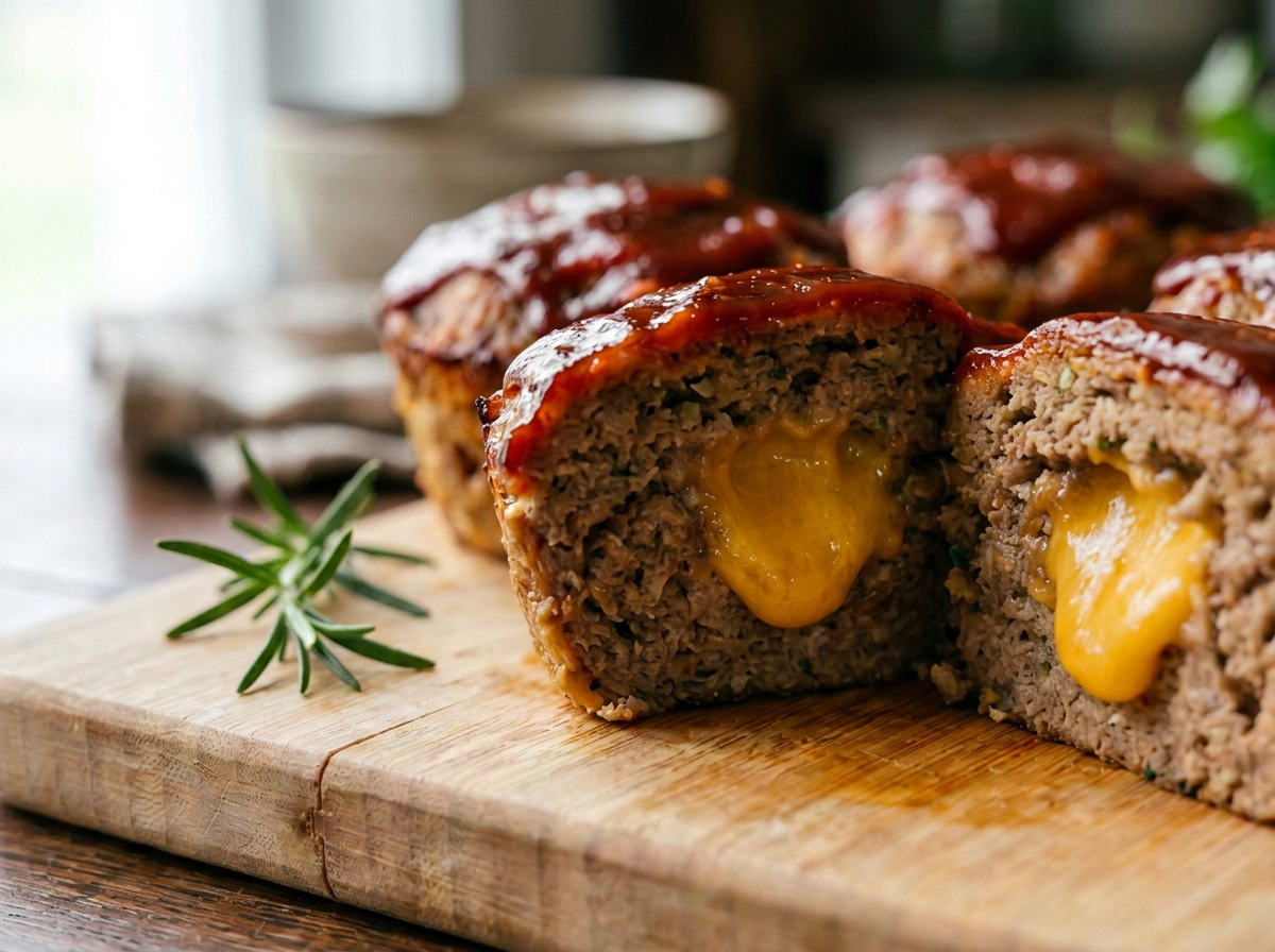 Close-up of a sliced cheeseburger meatloaf with melted cheddar cheese inside, topped with ketchup, on a wooden cutting board garnished with a sprig of rosemary.