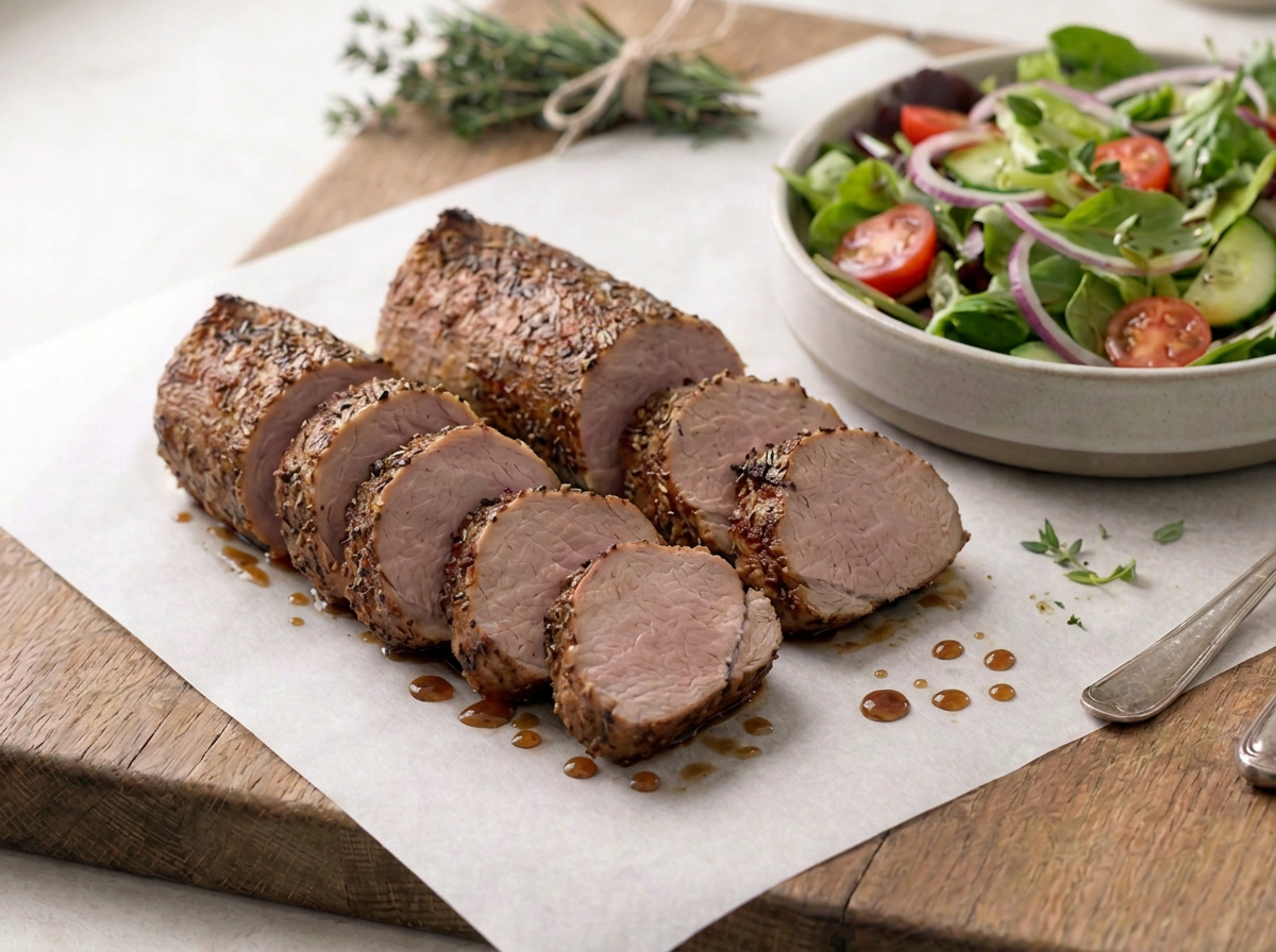 Sliced beef tenderloin with a spice crust, drizzled with sauce, served with a side salad of cherry tomatoes, cucumbers, and greens.