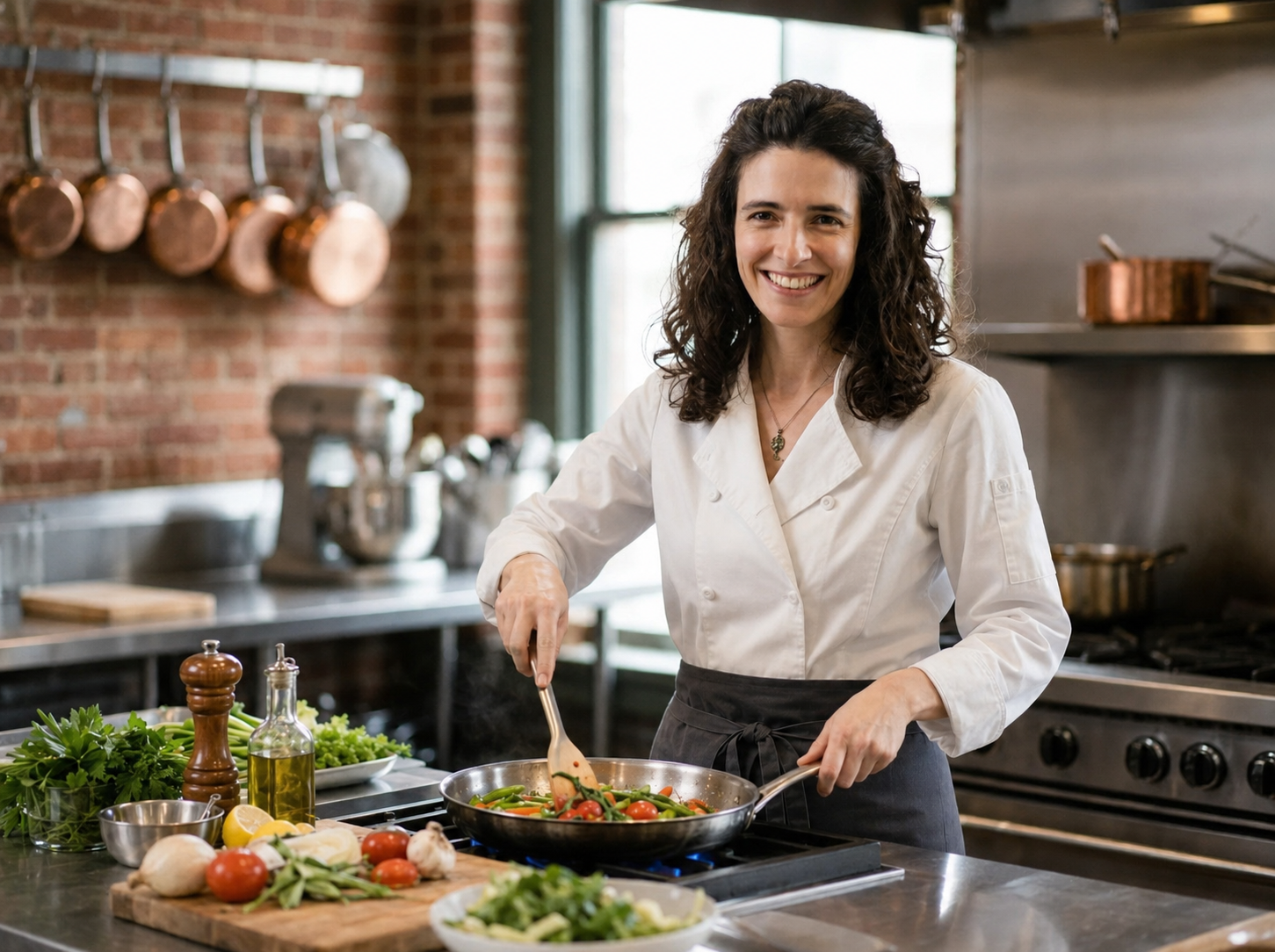 Woman cooking vegetables in a professional kitchen, smiling at the camera.