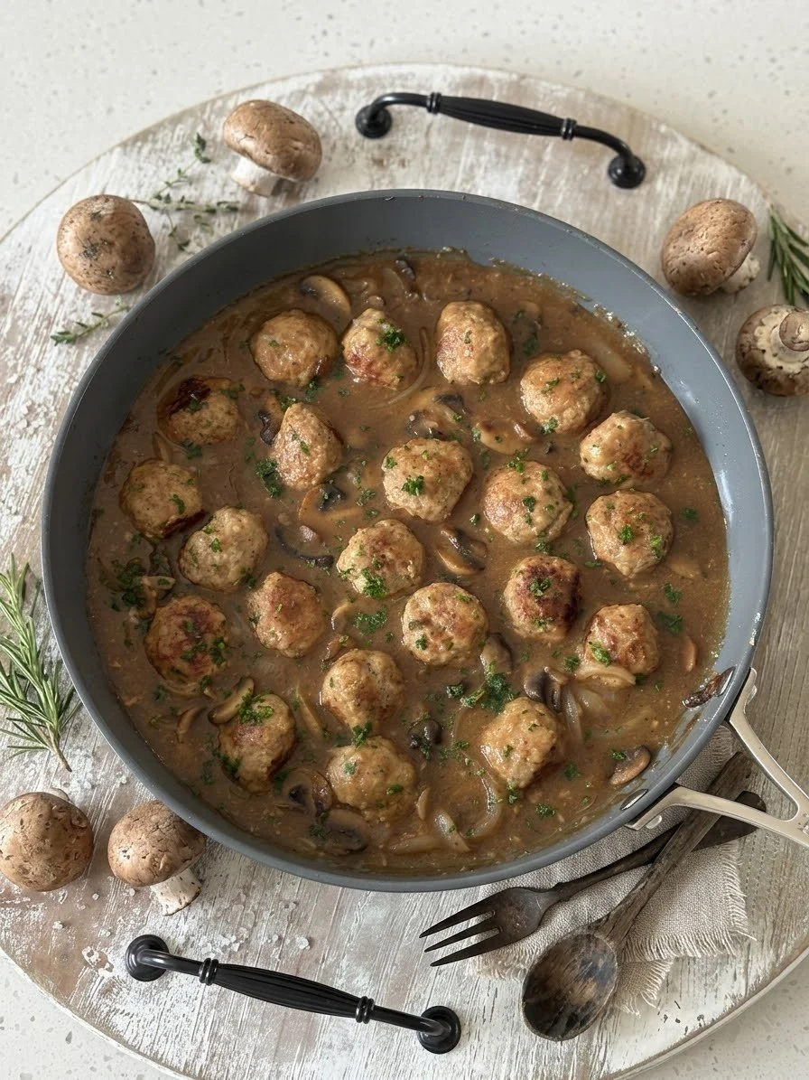A skillet of meatballs in mushroom gravy served on a white wooden tray with whole mushrooms, sprigs of rosemary and thyme, and vintage silver utensils.