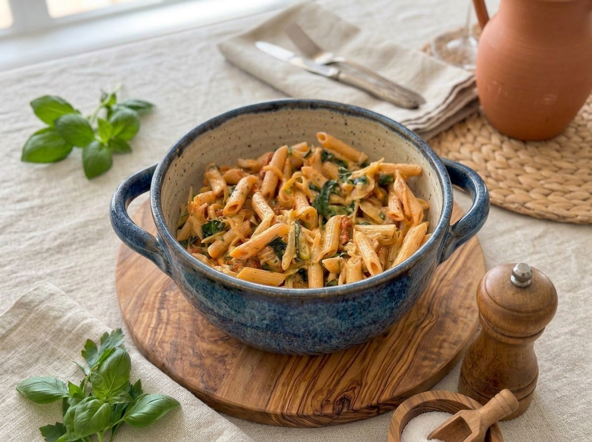 A bowl of penne pasta with sauce and greens on a wooden serving board, surrounded by fresh basil, a pepper grinder, a salt shaker, and a small wooden scoop of salt, on a beige tablecloth with natural light from a window.