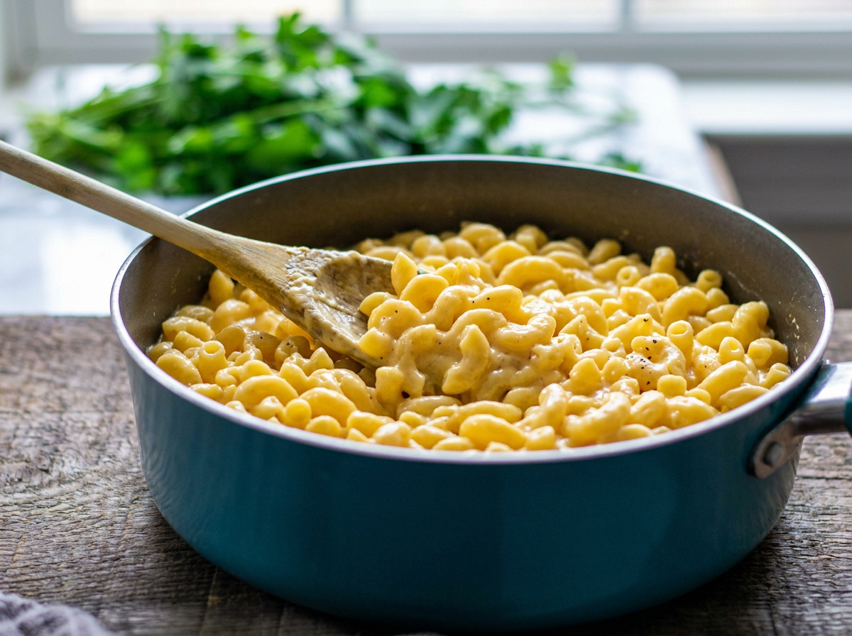 Blue skillet filled with cooked macaroni and cheese, on a rustic wooden surface with fresh greens in the background.