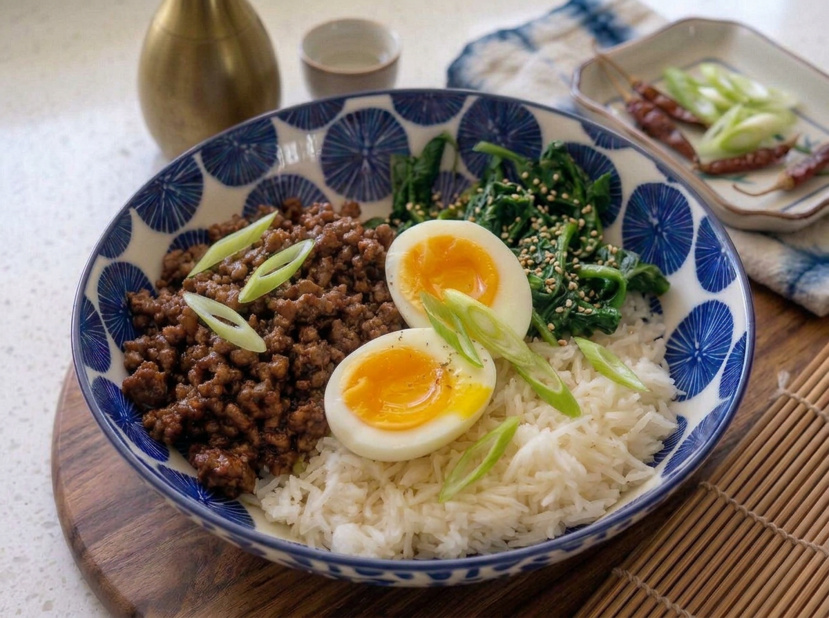 A Japanese-style rice bowl with minced beef, soft-boiled eggs, sautéed spinach with sesame seeds, and rice, garnished with sliced green onions, served on a wooden tray.