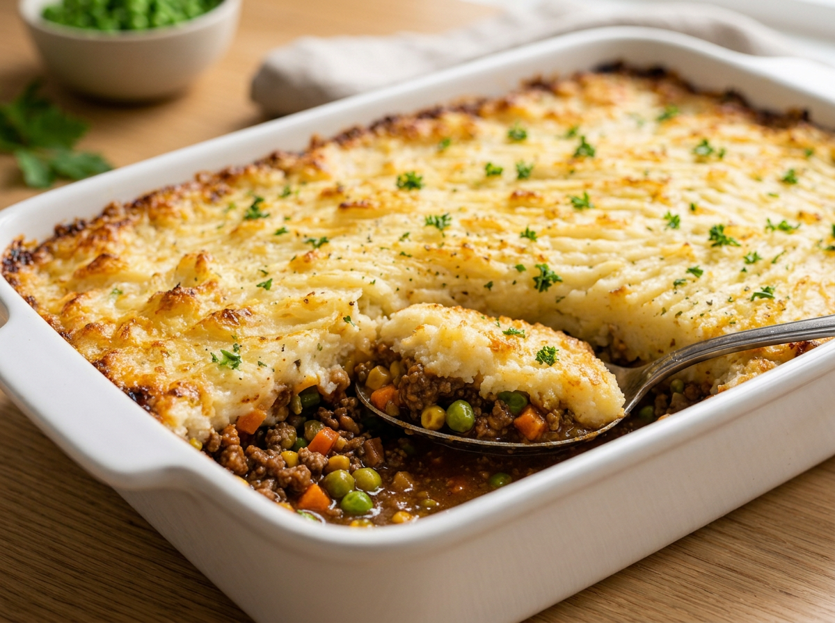 A dish of shepherd's pie with mashed potatoes and ground beef, carrots, and peas underneath, garnished with parsley.