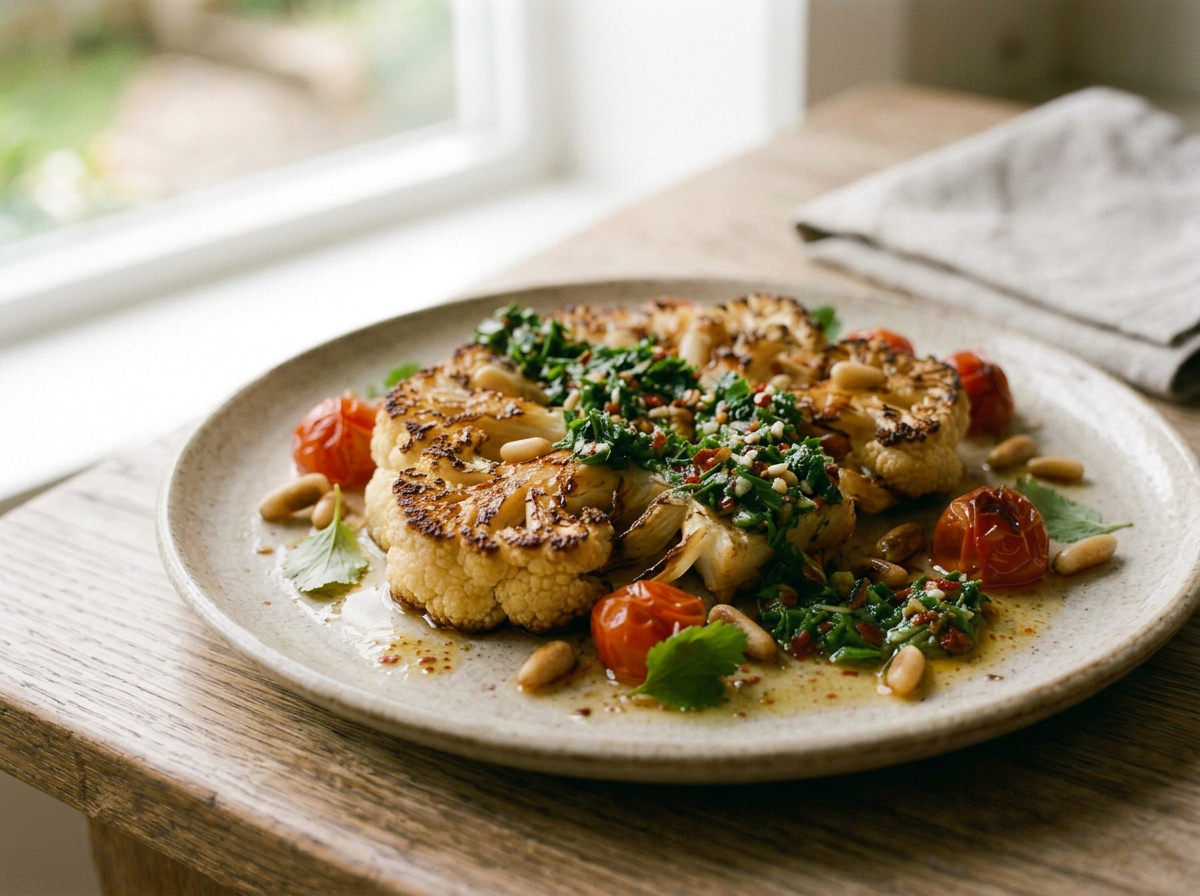 A plate of roasted cauliflower topped with herbs and seeds, garnished with cherry tomatoes and greens, on a rustic wooden surface near a window.