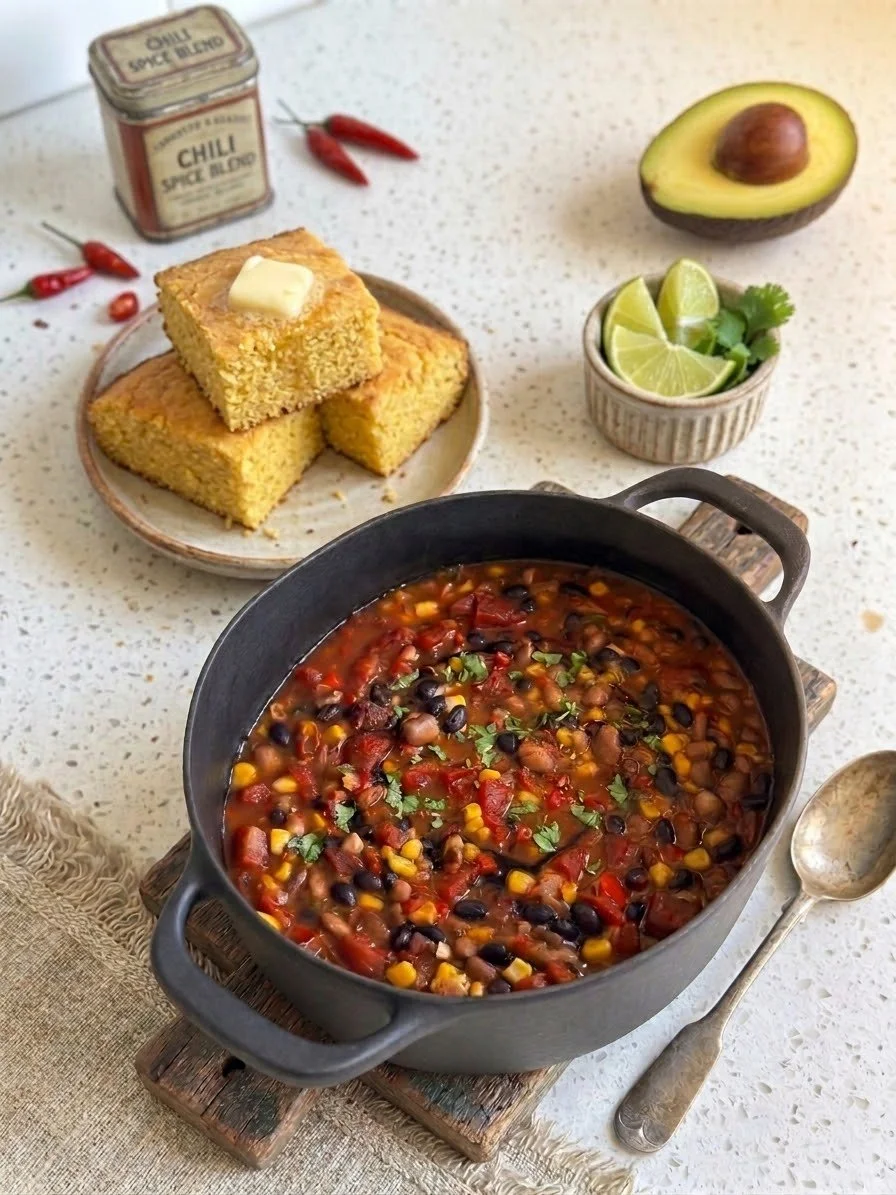A bowl of black bean soup with chopped cilantro, on a wooden board, with a spoon beside it. Nearby, there is a dish with cornbread topped with butter, lime wedges, and half an avocado. Red chili peppers and a container of chili spice blend are also visible on a white speckled table.