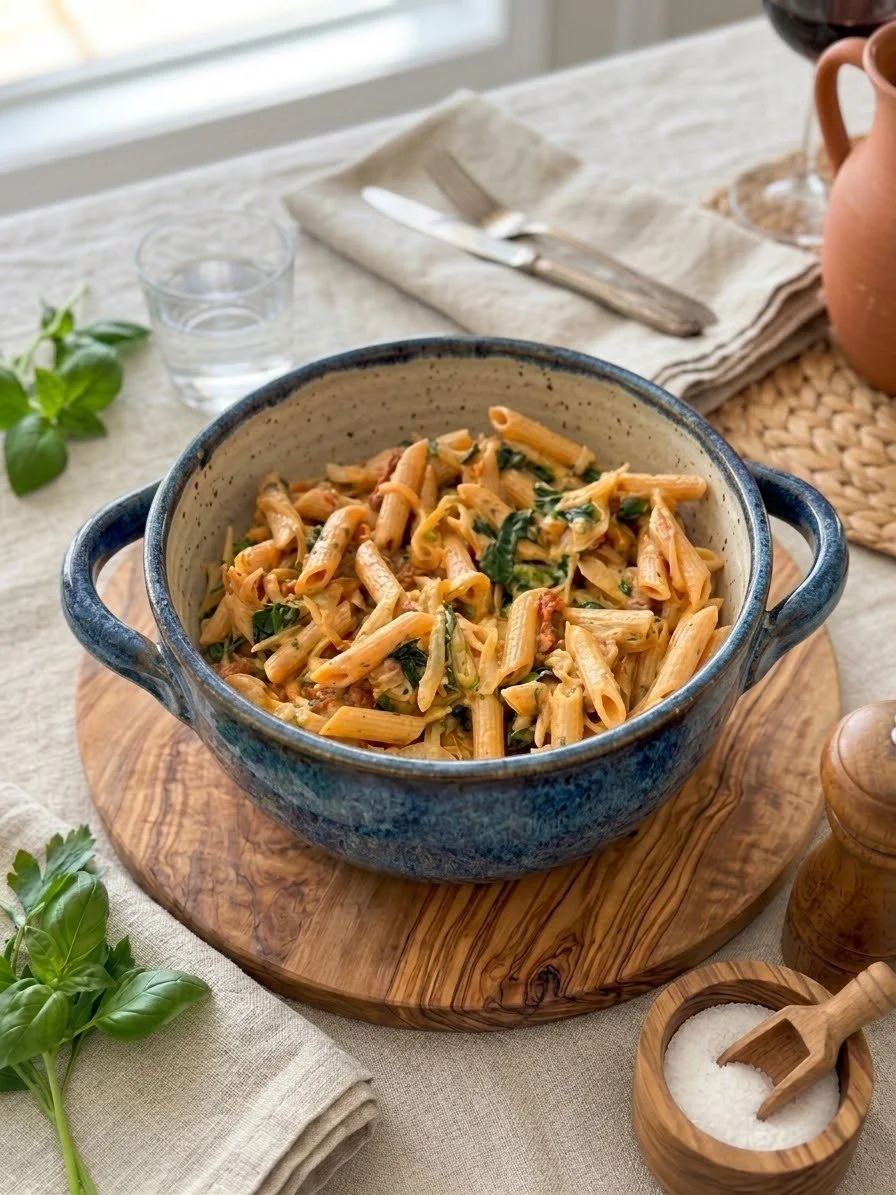 A bowl of cooked penne pasta with green herbs on a wooden serving tray, surrounded by fresh basil leaves, salt, and pepper shakers, with a glass of red wine in the background.