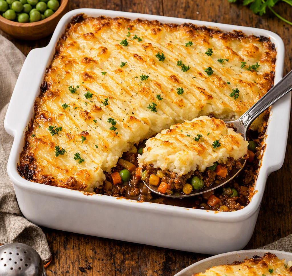 Shepherd's pie in a white baking dish with mashed potatoes, garnished with parsley, and a spoon scooping a serving showing ground meat and vegetable filling underneath.