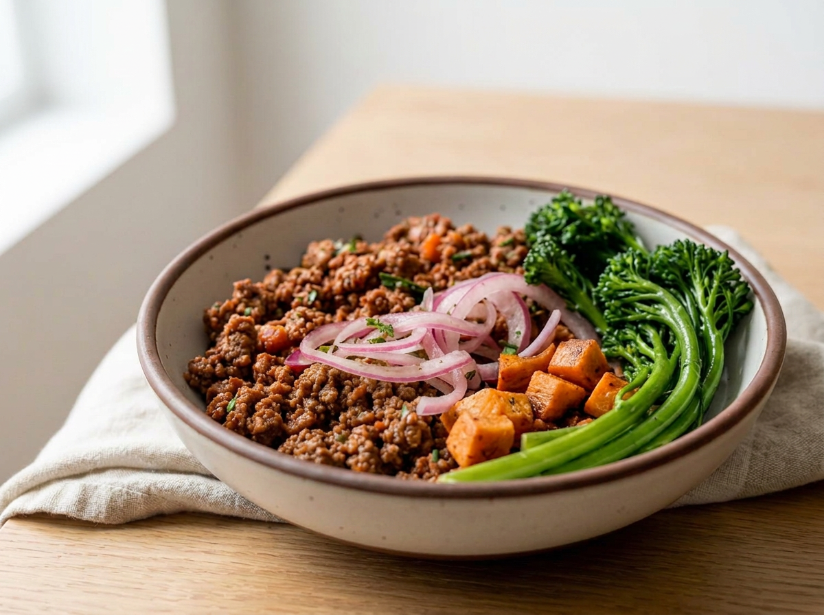 Bowl of ground beef, chopped red onions, roasted sweet potatoes, and steamed broccoli on a beige napkin and wooden table.