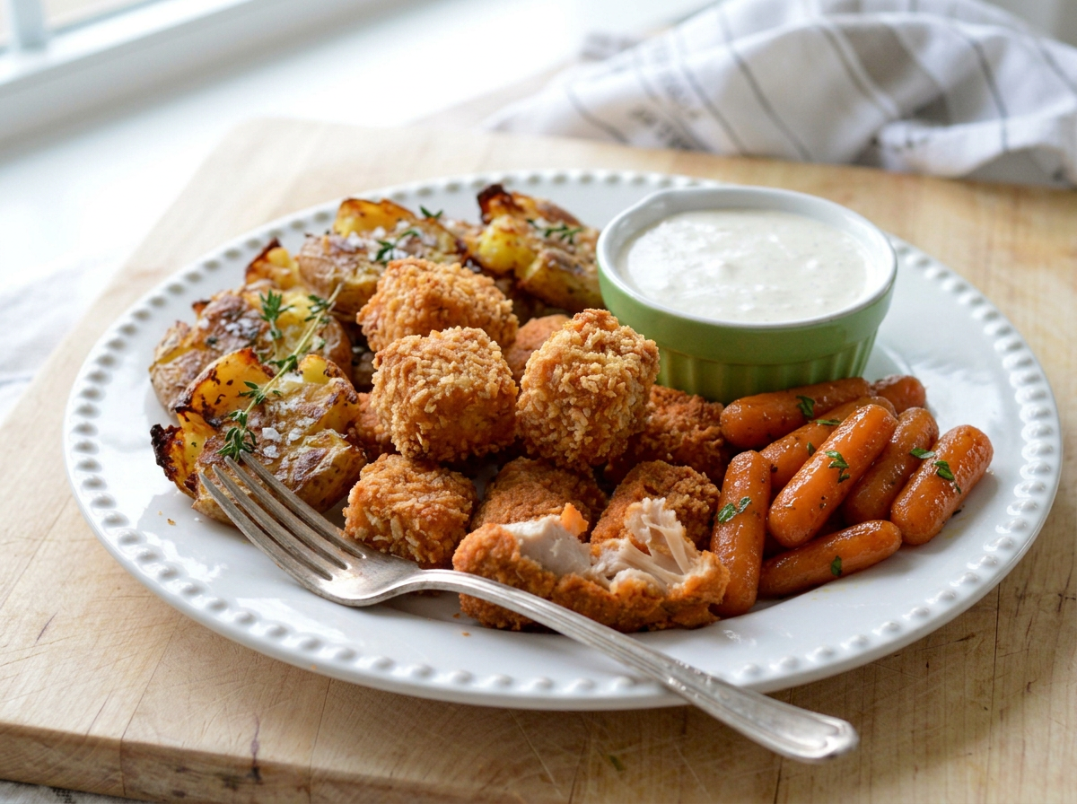 Fried chicken pieces, baked potato wedges, mini carrots with parsley, ranch dressing in a small green bowl, and a fork on a white plate with a beaded edge on a wooden surface near a window.