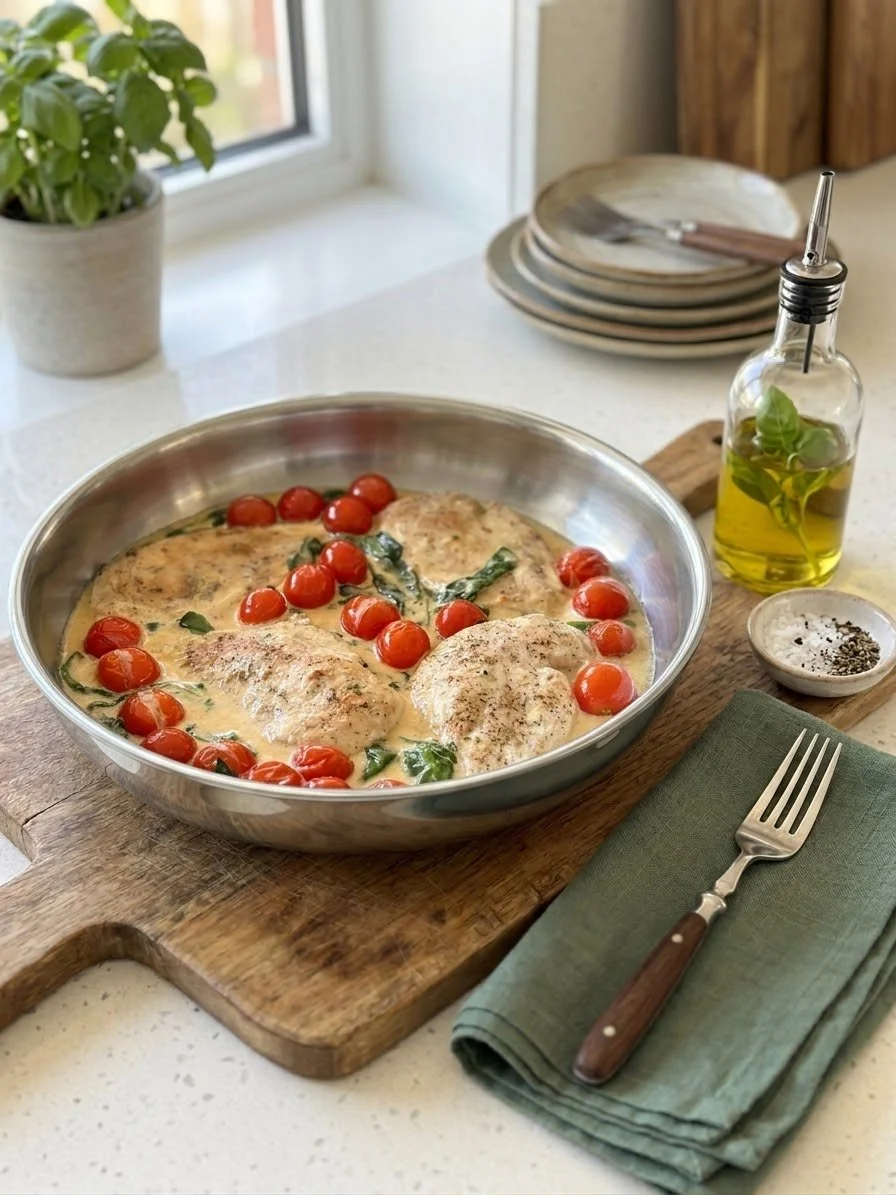 Baked chicken breasts with cherry tomatoes and spinach in a creamy sauce in a metal baking dish on a wooden cutting board, with a side bowl of salt and pepper, a bottle of olive oil with herbs, a stack of plates, and a fork on a green napkin. A potted plant is on the windowsill.