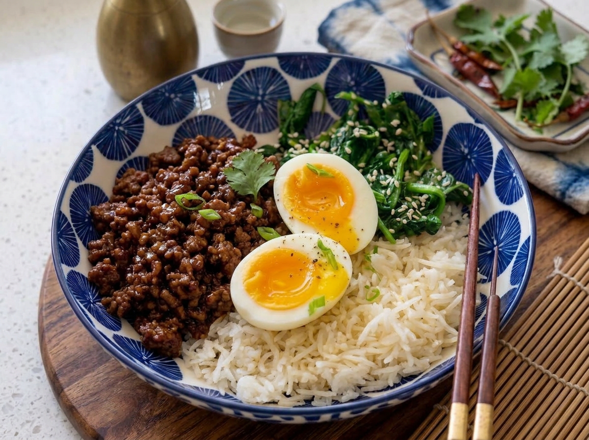 A bowl of Asian-inspired rice bowl with ground meat, soft-boiled eggs, sautéed greens, and rice, garnished with green onions and sesame seeds.