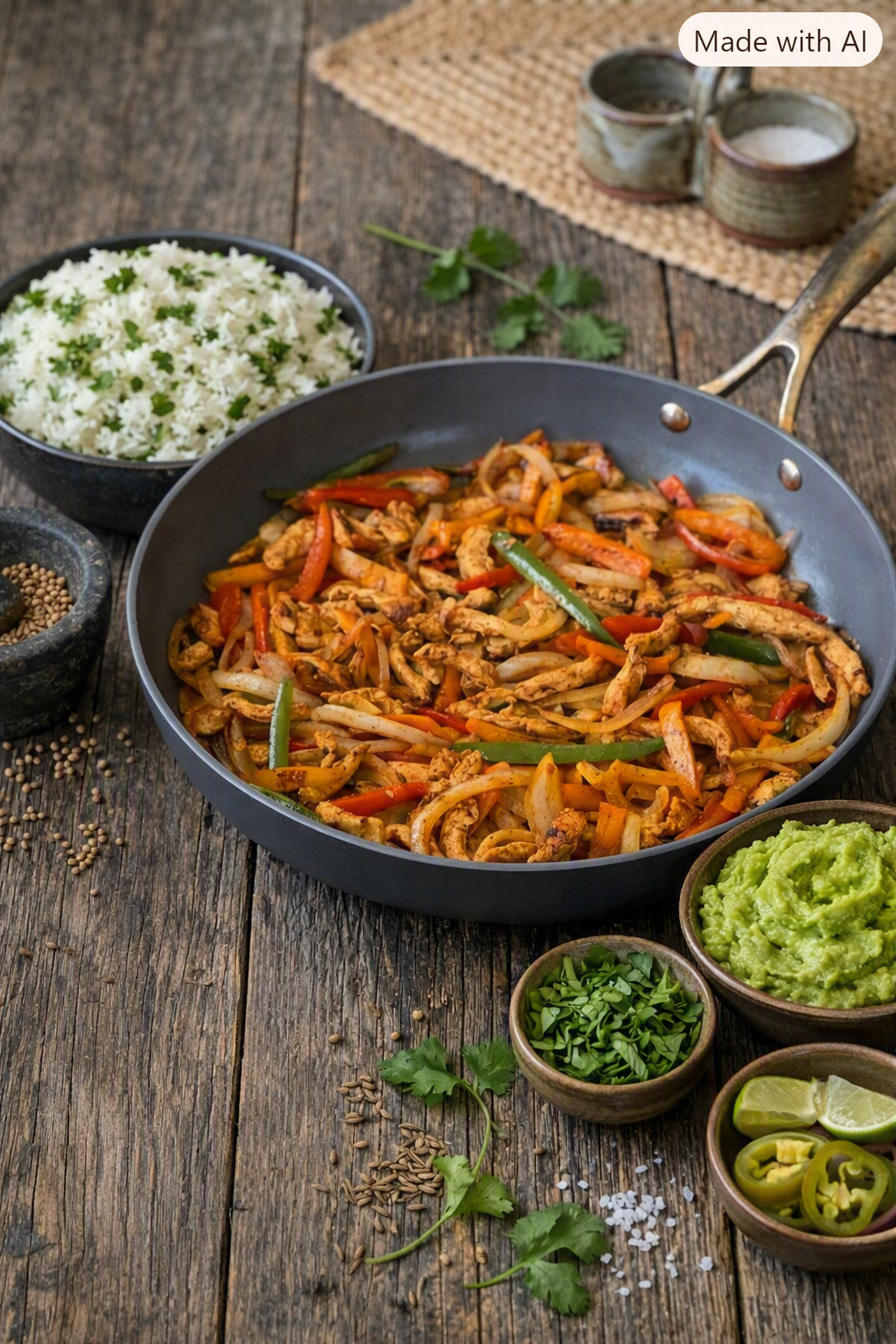 Stir-fried chicken with colorful bell peppers in a black frying pan, surrounded by bowls of white rice, mashed avocado, chopped cilantro, lime wedges, and various spices on a rustic wooden table.