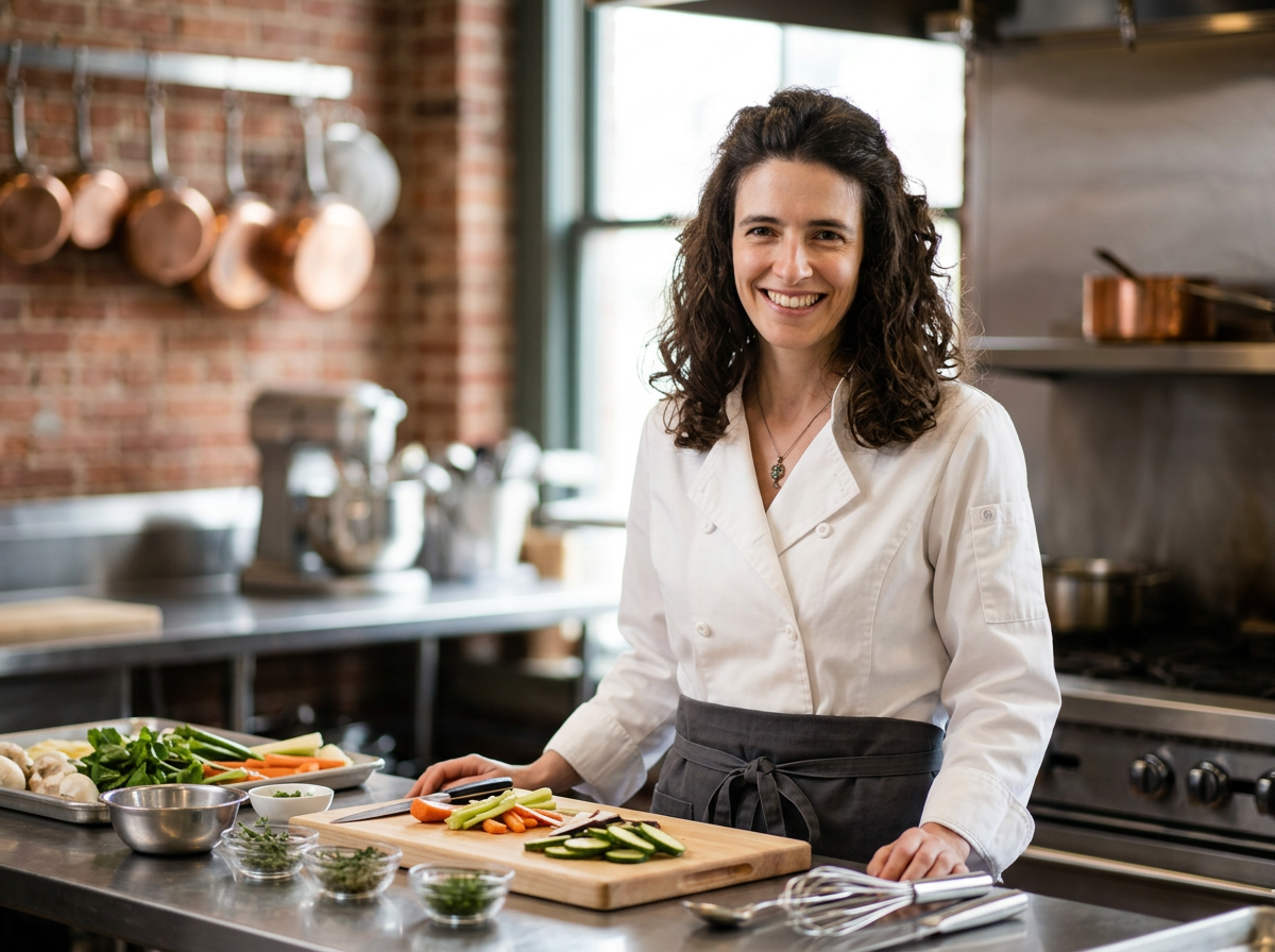 A woman chef smiling in a professional kitchen with metal pots and pans hanging on a brick wall. She is preparing vegetables on a wooden cutting board.