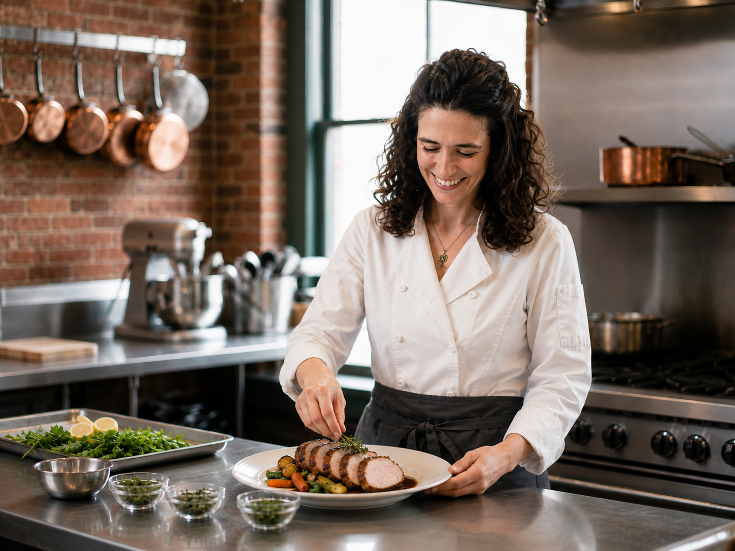 A woman in a white chef's coat plating sliced roast beef with vegetables on a white plate in a professional kitchen.