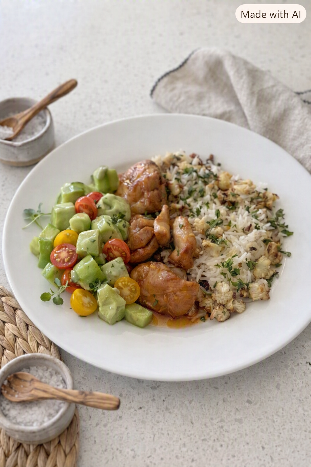 A white plate with rice, roasted chicken with sauce, a cucumber and cherry tomato salad, and chopped herbs. Small bowls of salt and pepper with wooden spoons are on the table.