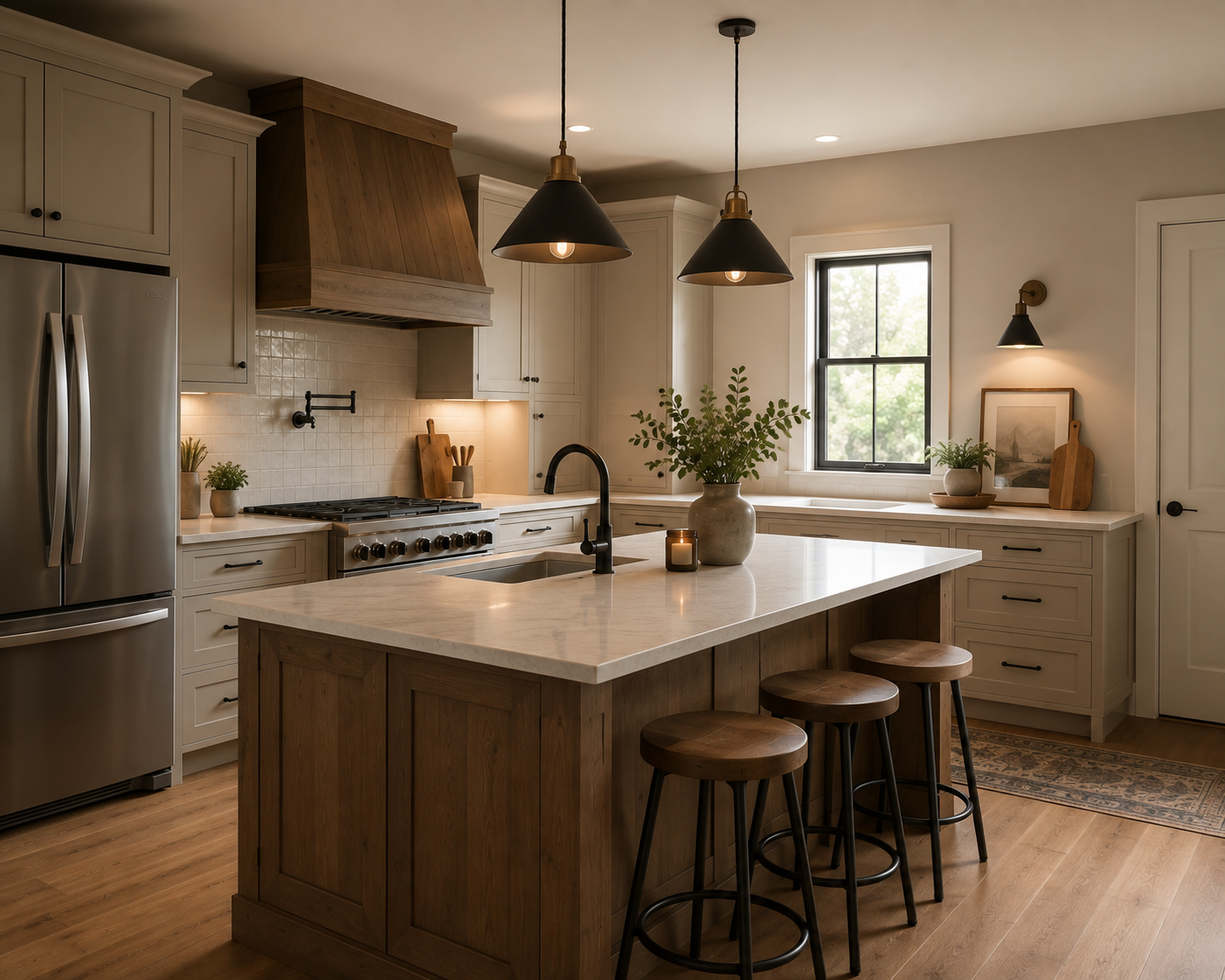 A modern kitchen with a central island, white cabinetry, stainless steel appliances, and hanging pendant lights. Decor includes potted plants, framed artwork, and cutting boards, with natural light coming through a window.
