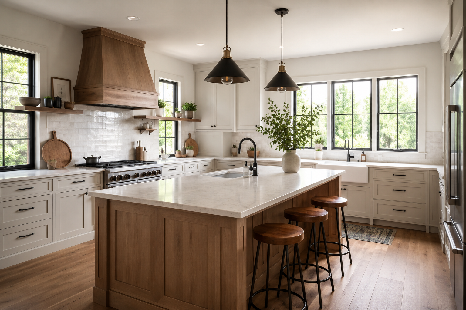 Bright modern kitchen with white cabinets, a large central island with a wooden base, three stools, and black pendant lights. Features large windows, greenery outside, and decorative kitchen items.