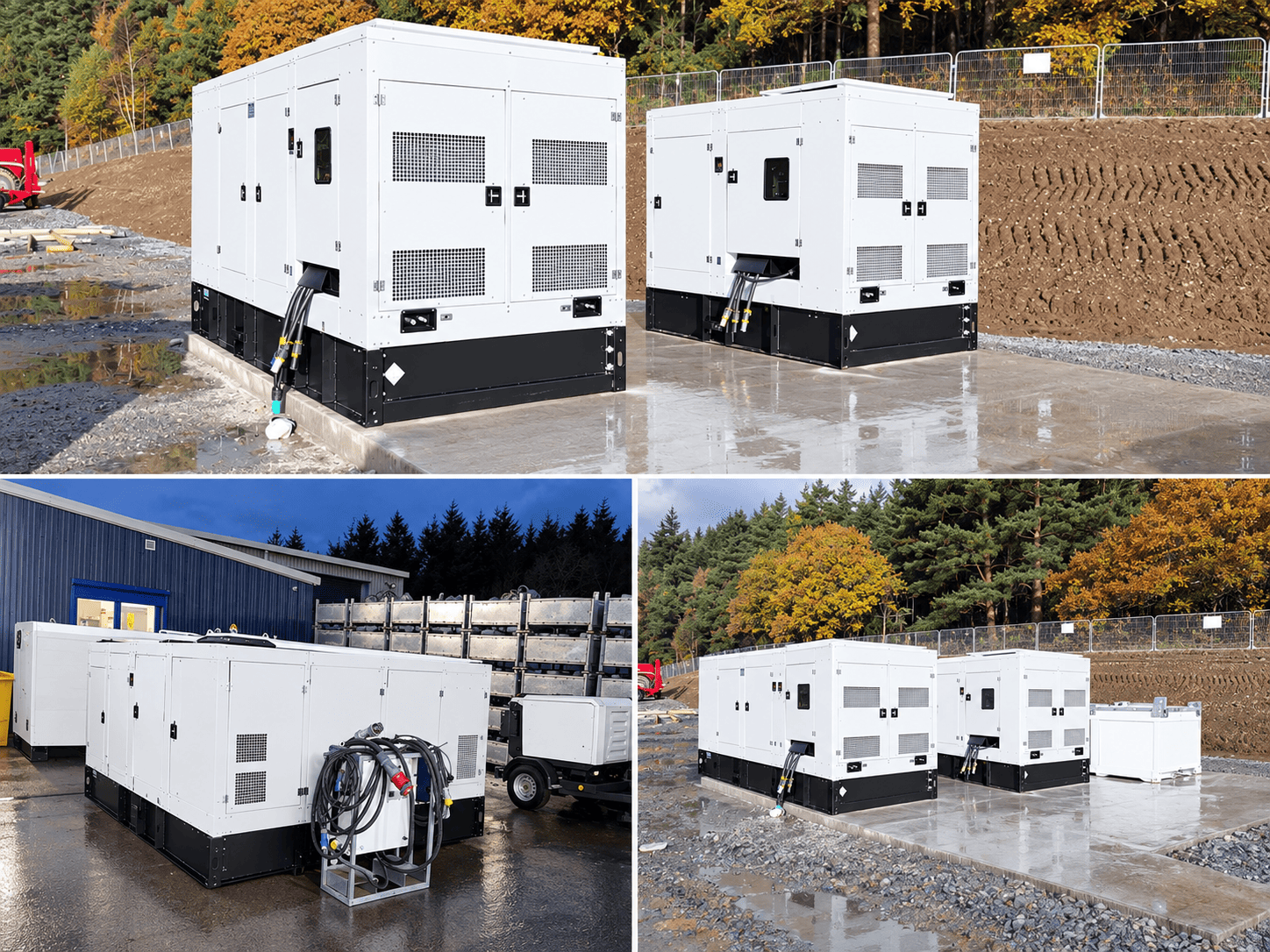 White industrial generators installed on concrete pads at several sites