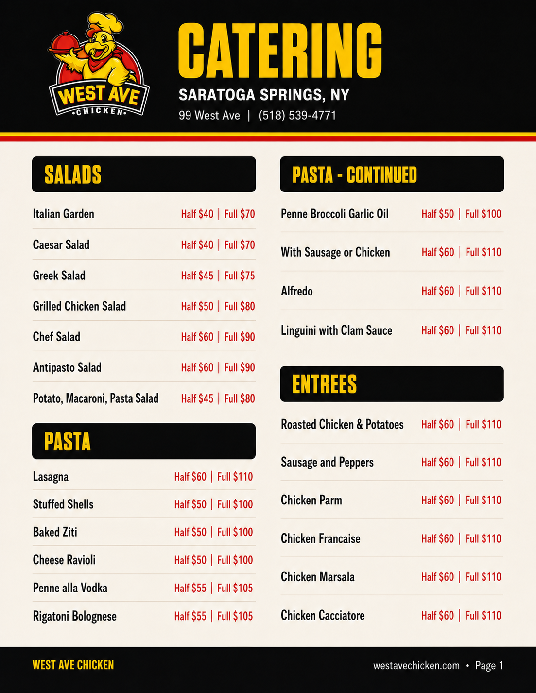 Catering Menu from West Ave Chicken in Saratoga Springs, NY, offering salads, pasta, pasta continuation, and entrees, with prices for half and full servings.