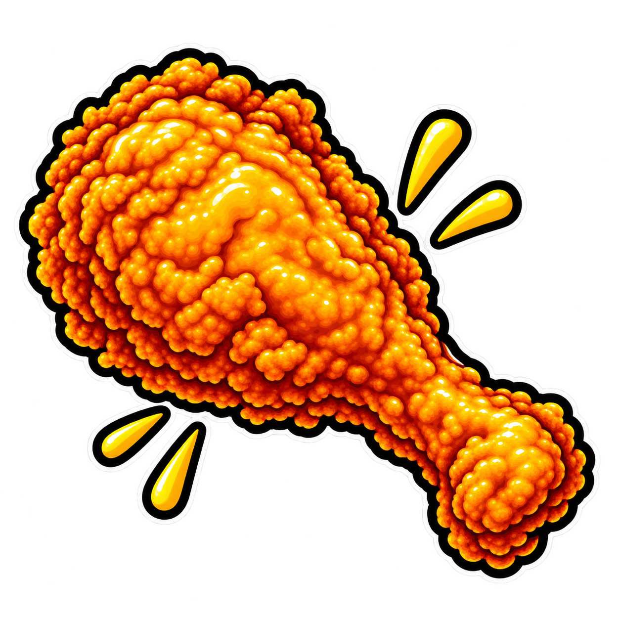 Illustration of a fried chicken drumstick with orange and yellow coloring, surrounded by yellow motion lines indicating sound or impact.