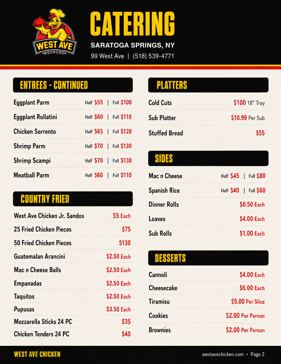 Catering menu from West Ave Chicken in Saratoga Springs, NY, listing entrees, country fried items, platters, sides, and desserts with prices.