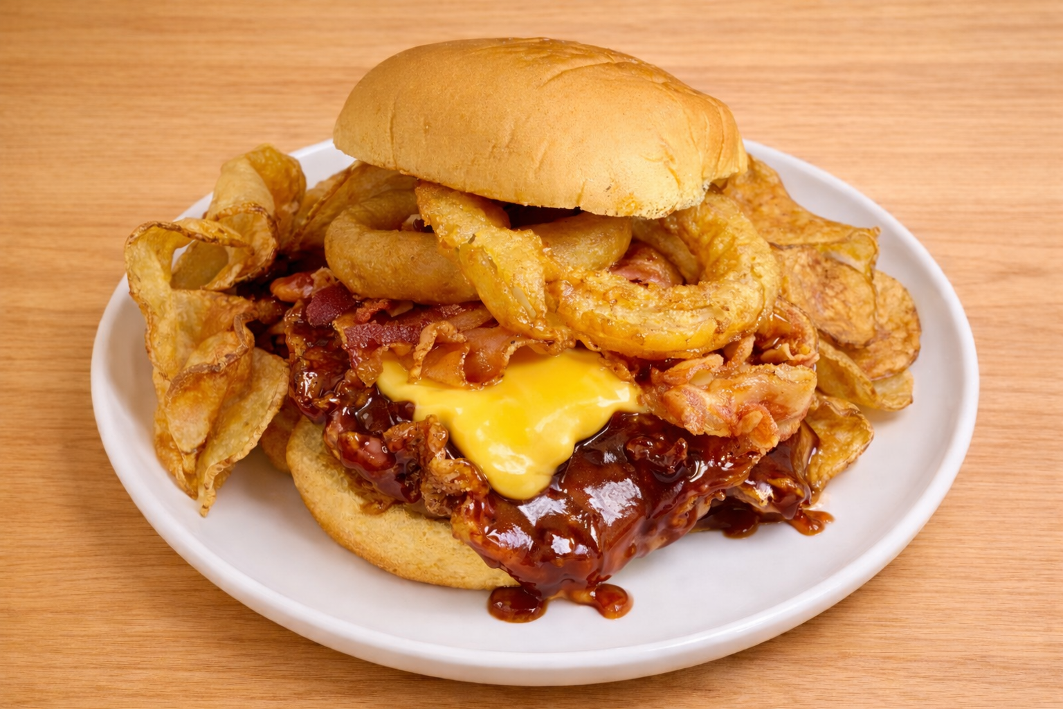 Overloaded plate of a burger with fried onions, bacon, cheese, barbecue sauce, and potato chips on a wooden table.