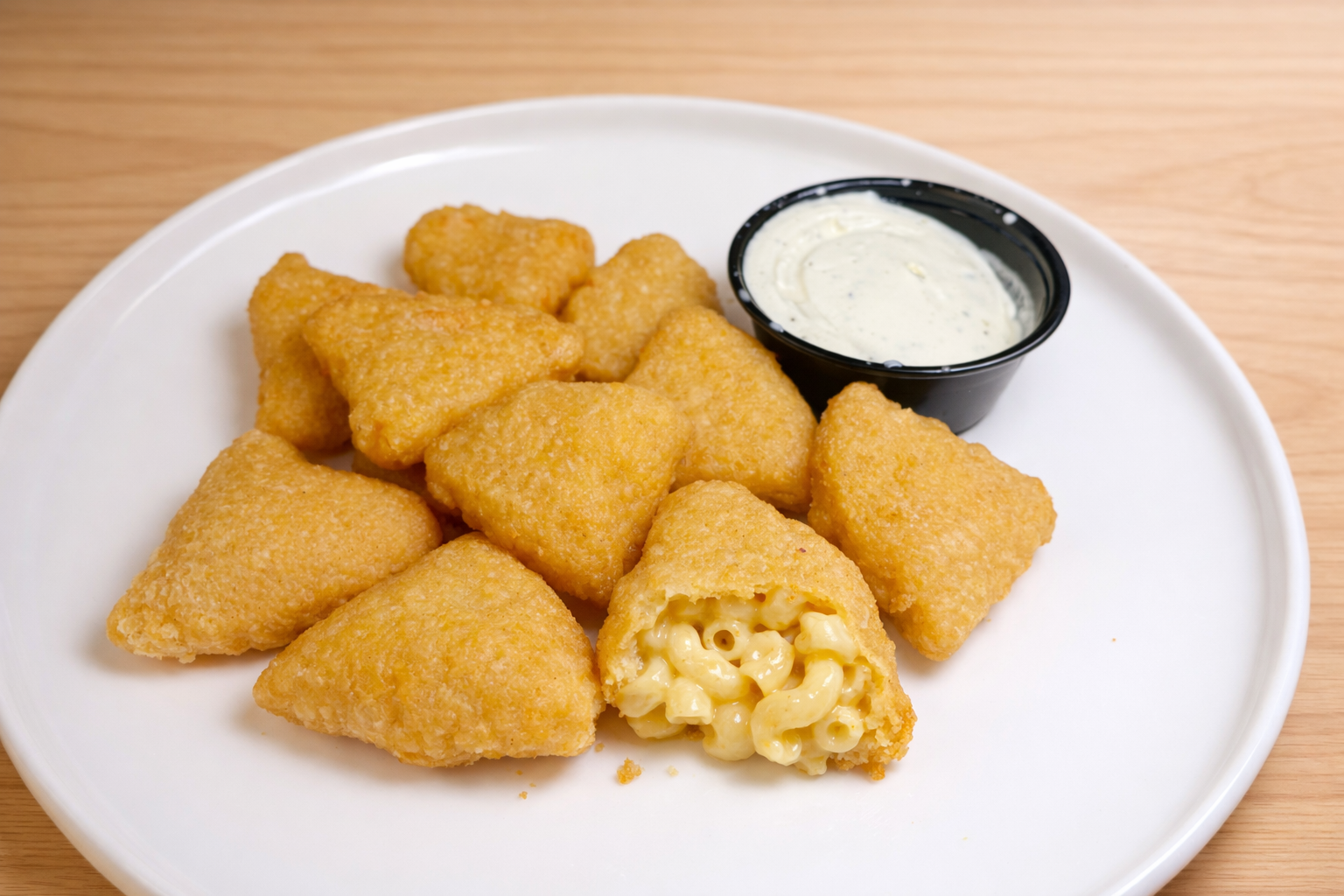 Fried cheese curds on a white plate with a small cup of ranch dipping sauce.