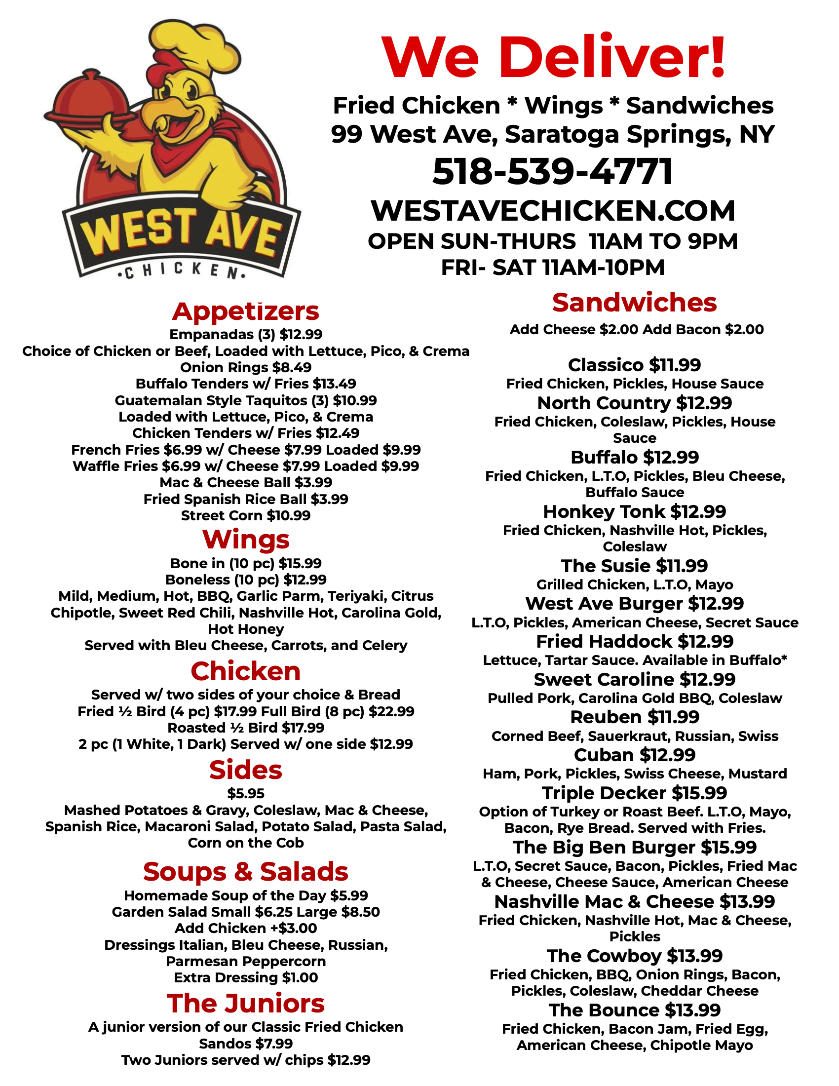 Menu for West Ave Chicken featuring sections for appetizers, wings, sides, soups & salads, chicken, sandwiches, and specials, with prices and descriptions.