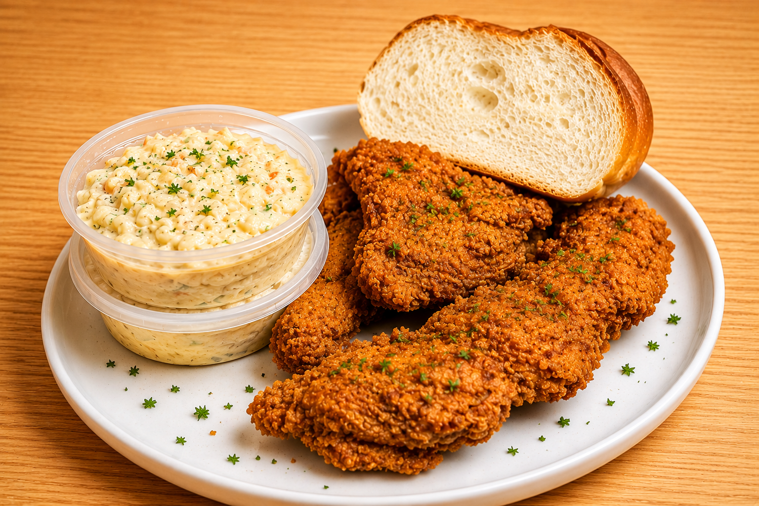 Plate of fried chicken with slices of bread, potato salad in containers, and parsley garnish on a wooden table.