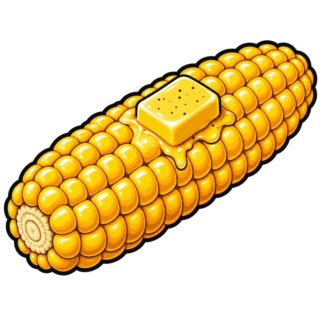 Digital illustration of a corn on the cob with butter and pepper
