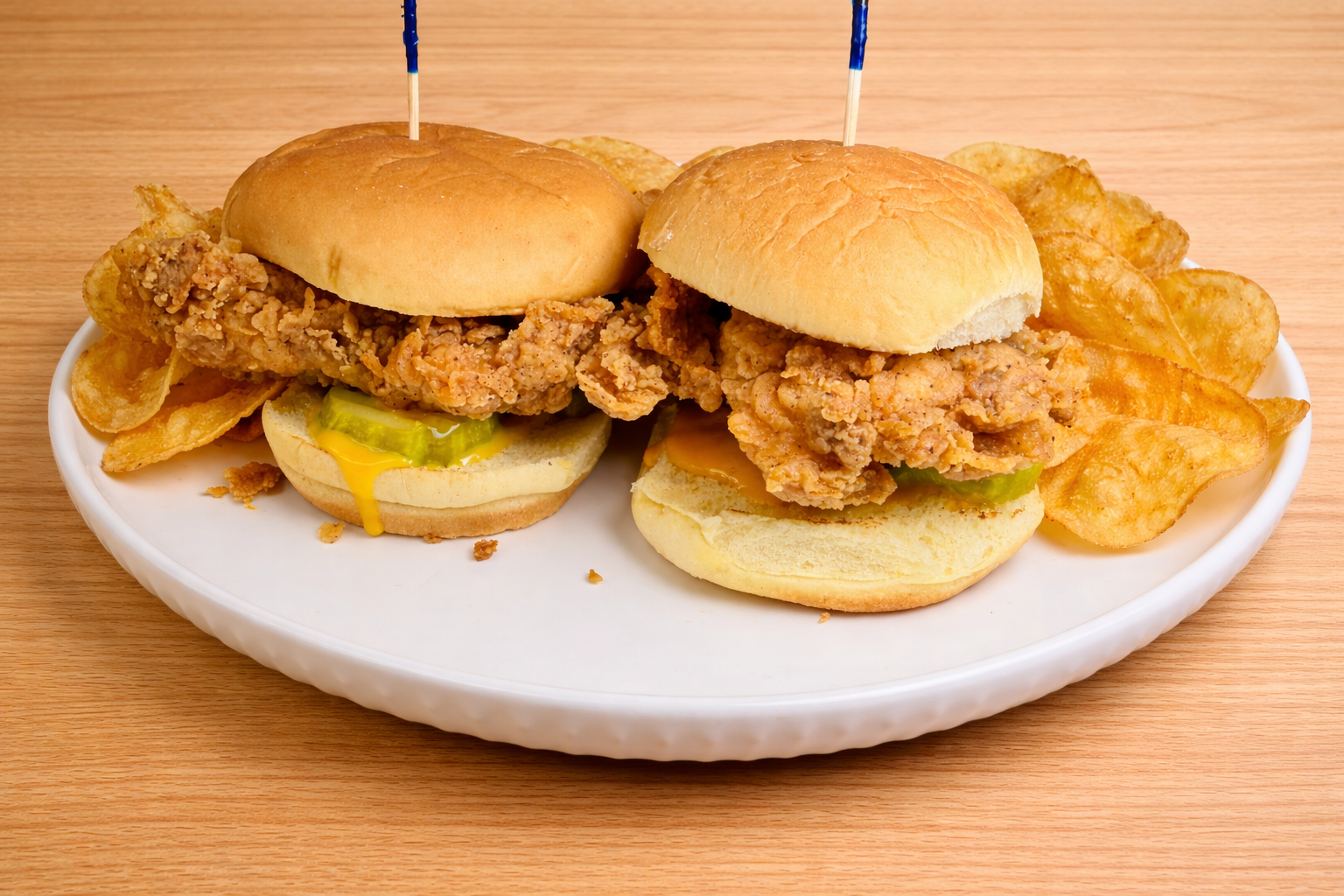 Two fried chicken sandwiches with pickles and potato chips on a white plate.