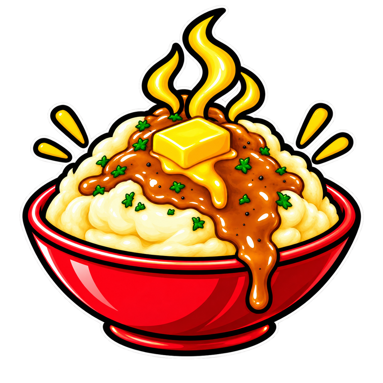 Cartoon of mashed potatoes with brown gravy, a pat of butter, parsley, and steam, in a red bowl.