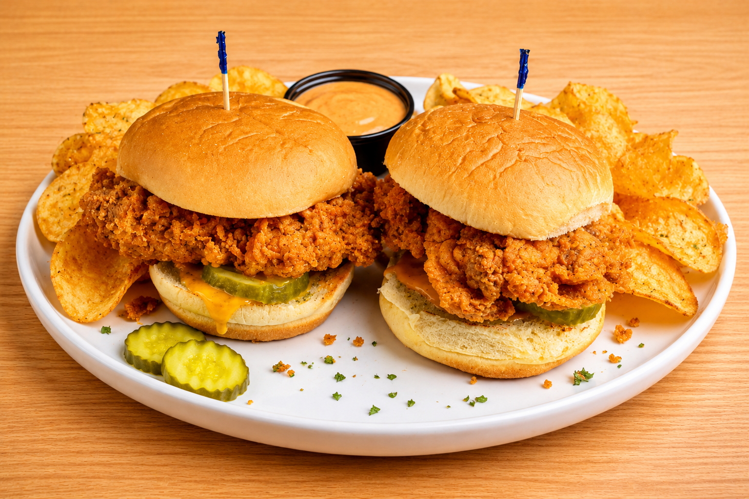 Two fried chicken sandwiches with pickles and a side of potato chips on a white plate, served with dipping sauce.