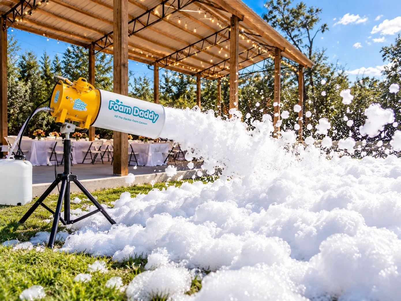 People smiling and enjoying a foam party with lots of soap bubbles around them.
