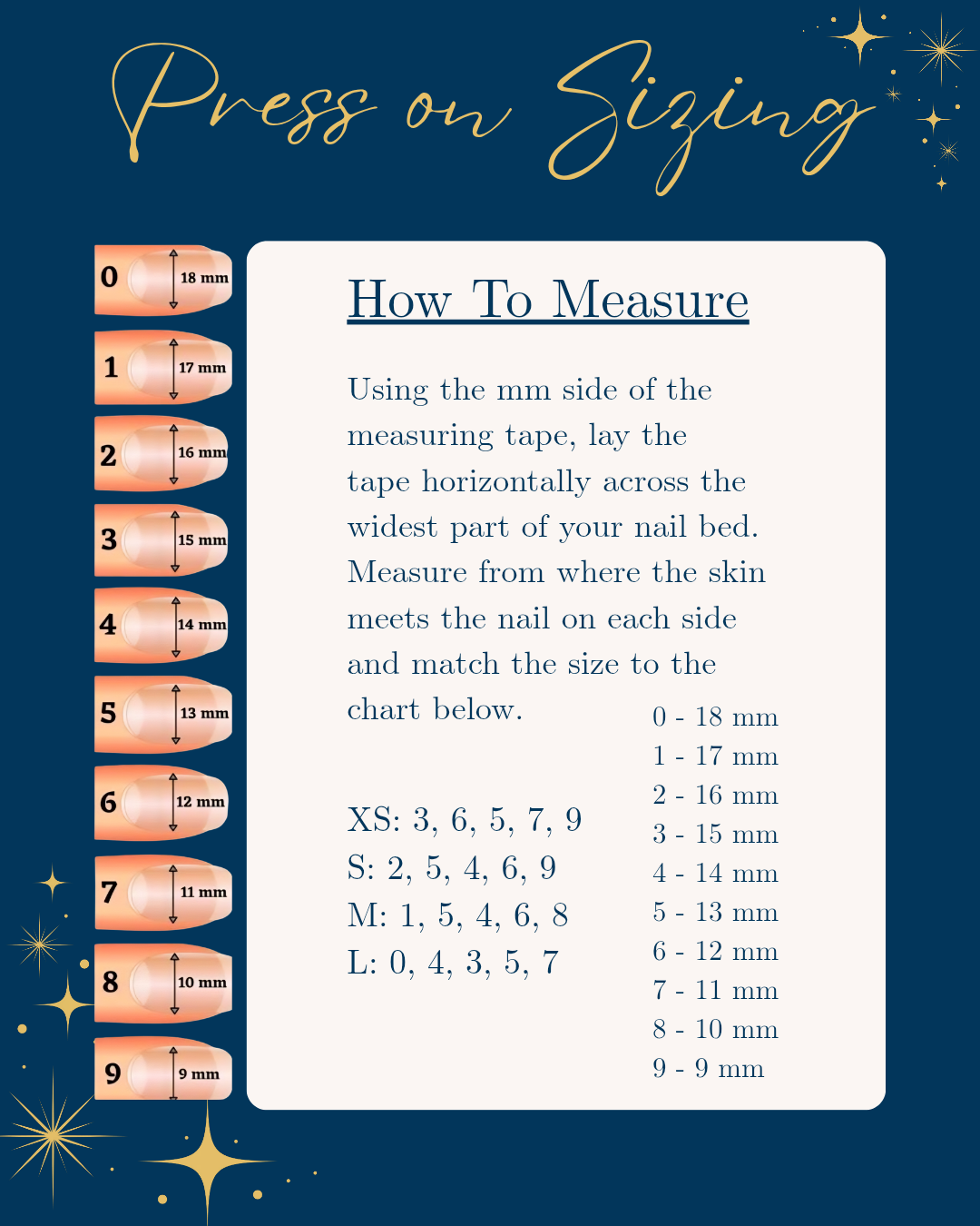 Nail sizing chart with instructions on how to measure nails using the millimeter side of a measuring tape, showing various nail sizes from 0 to 9 mm, and corresponding size categories for extra small, small, medium, and large nails.
